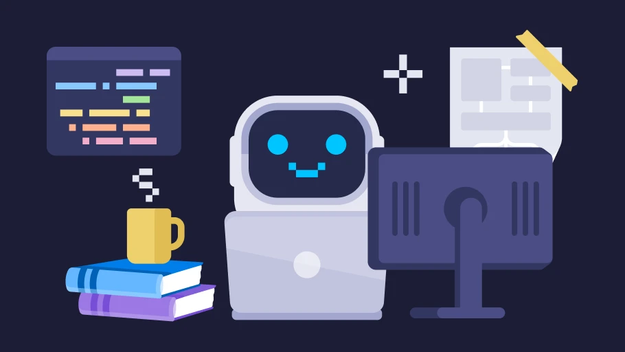Illustration of a smiling robot working on a laptop with a monitor, code snippet, steaming coffee on books, and a taped paper on the wall.