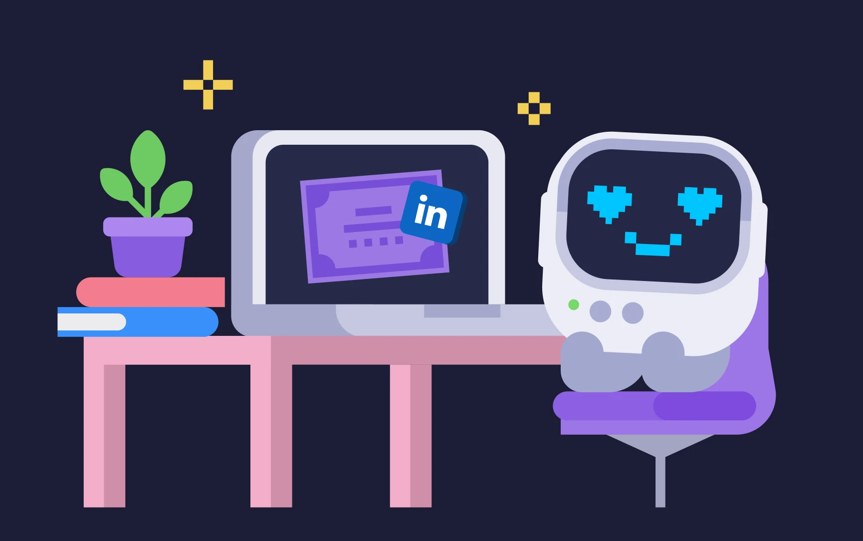 Cartoon robot with heart eyes sitting on a purple chair by a pink desk with a laptop displaying a LinkedIn icon and certificate, next to books and a potted plant.