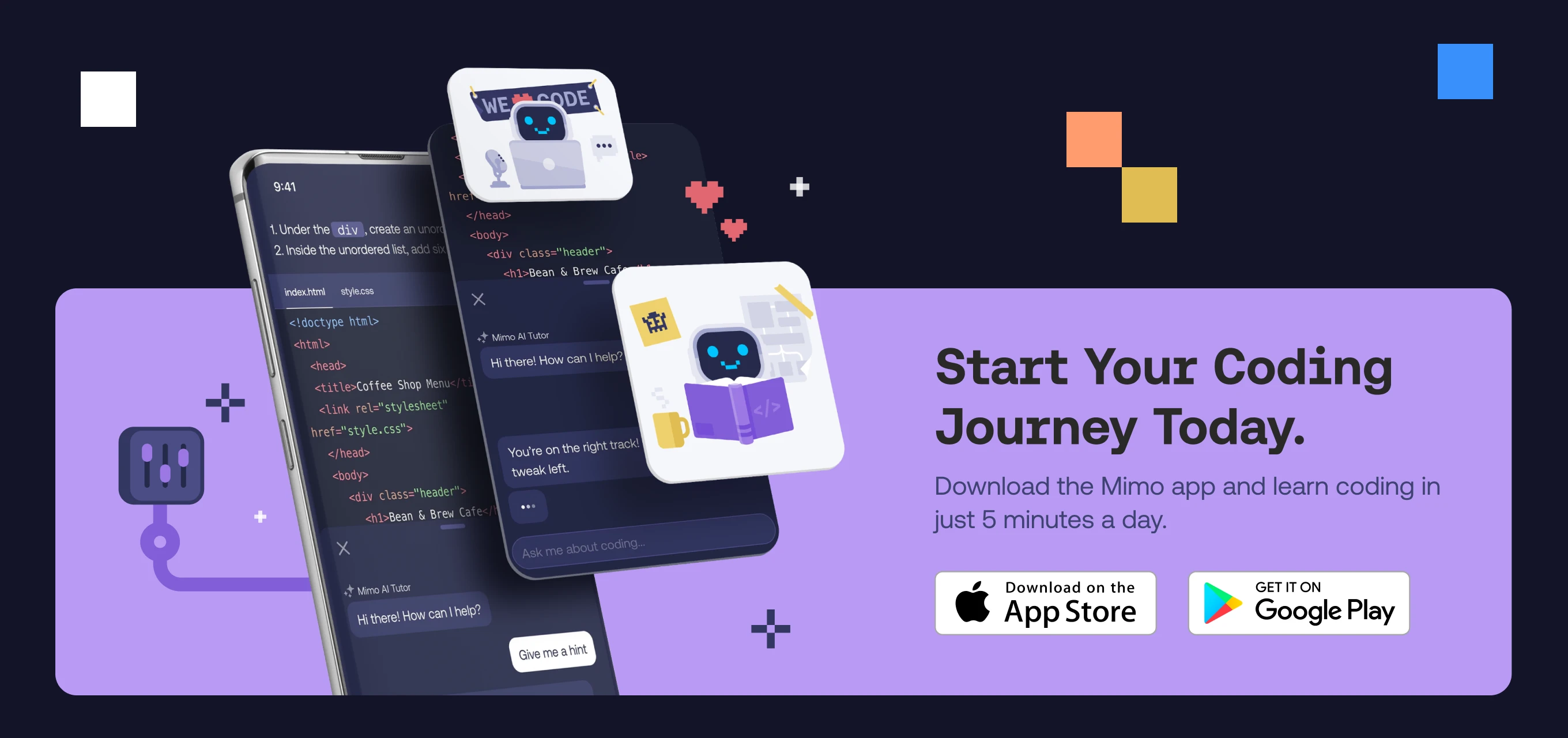 Two smartphones displaying coding lessons and AI tutor chat, with text encouraging starting coding journey using the Mimo app, available on App Store and Google Play.