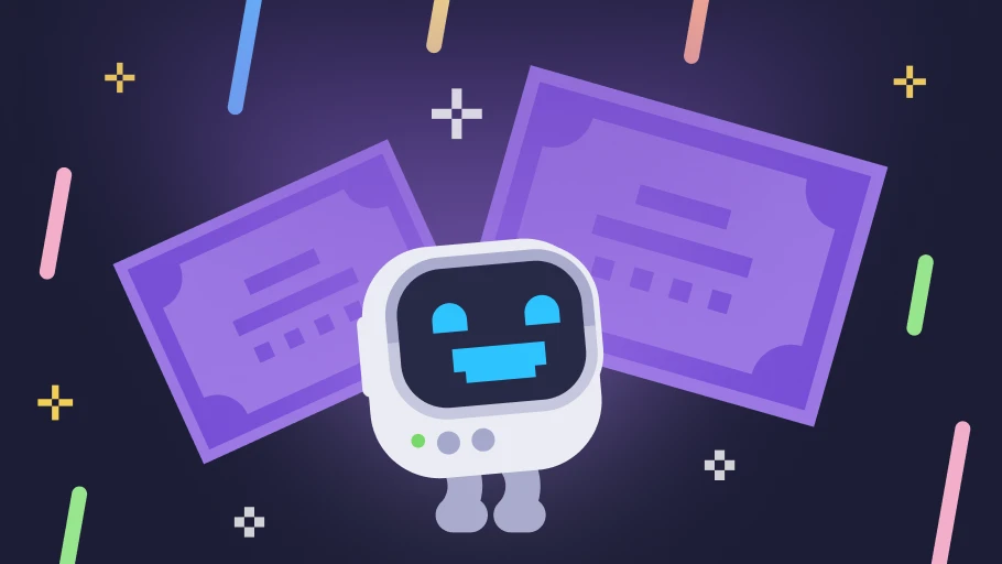 Cartoon robot with blue eyes and mouth standing in front of two purple certificates, surrounded by colorful confetti on a dark background.