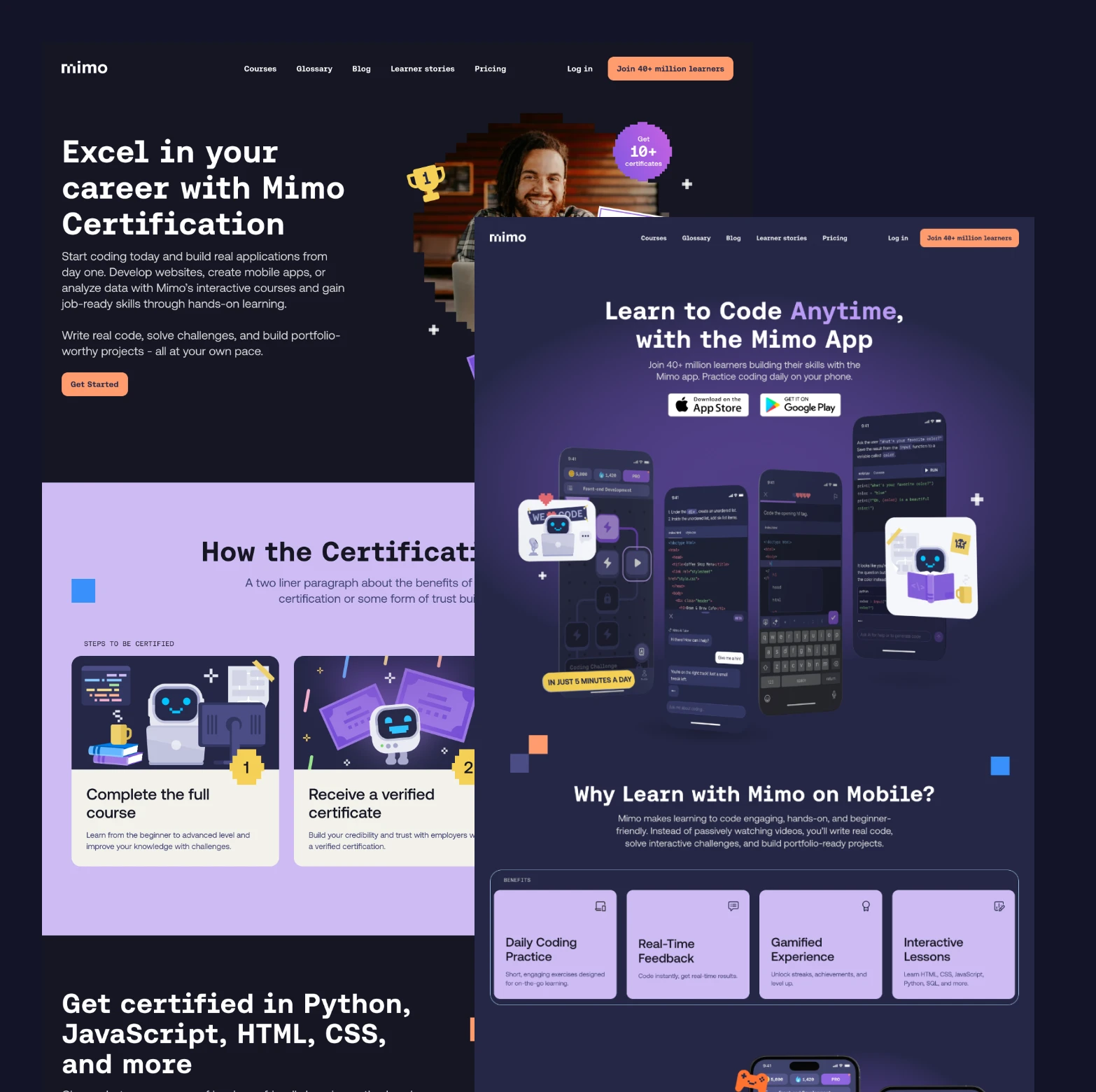 Mimo coding app homepage showing features like learning to code anytime, mobile app screenshots, benefits including daily practice, real-time feedback, gamified experience, and interactive lessons.