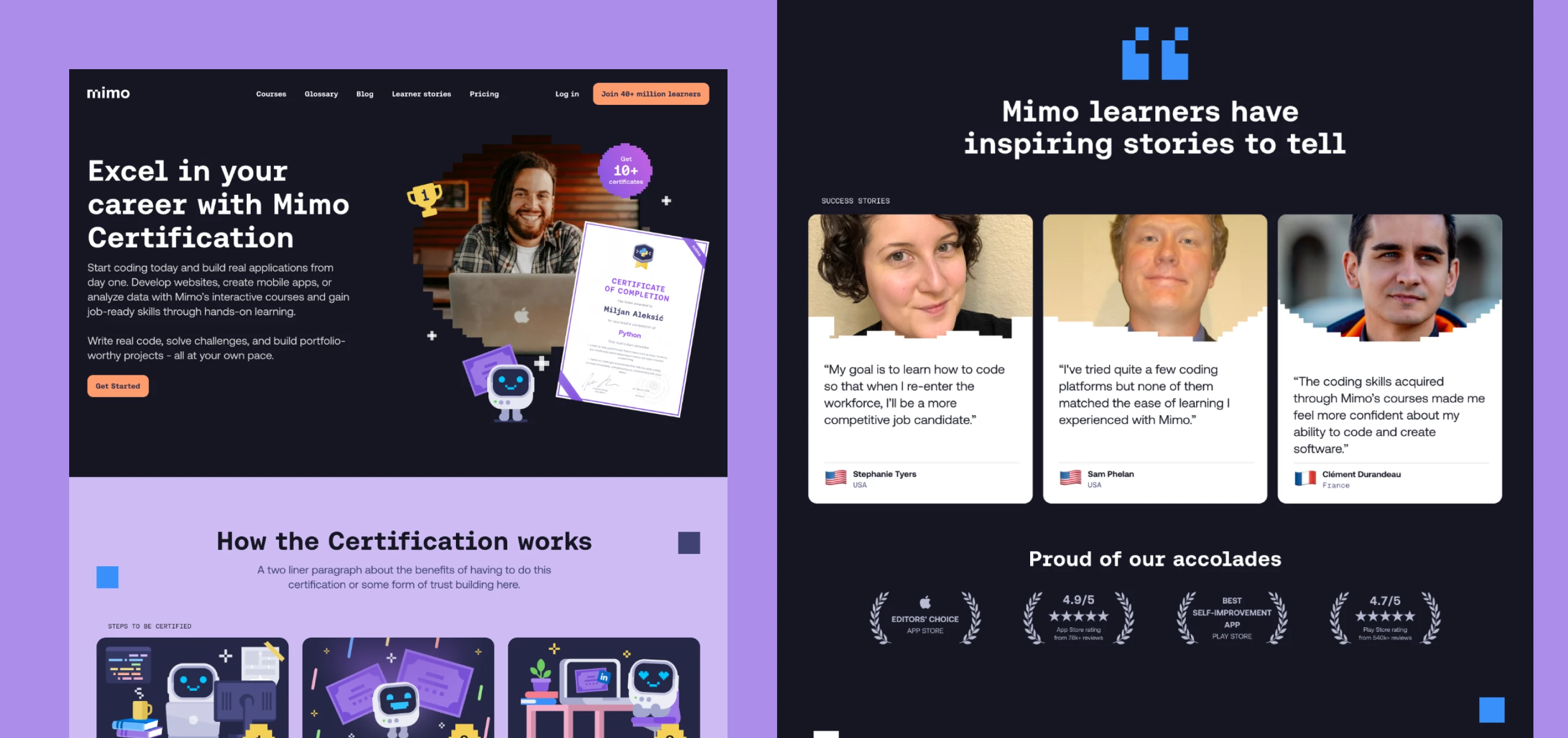 Mimo certification webpage showing career benefits, learner testimonials, and app accolades with images and ratings.