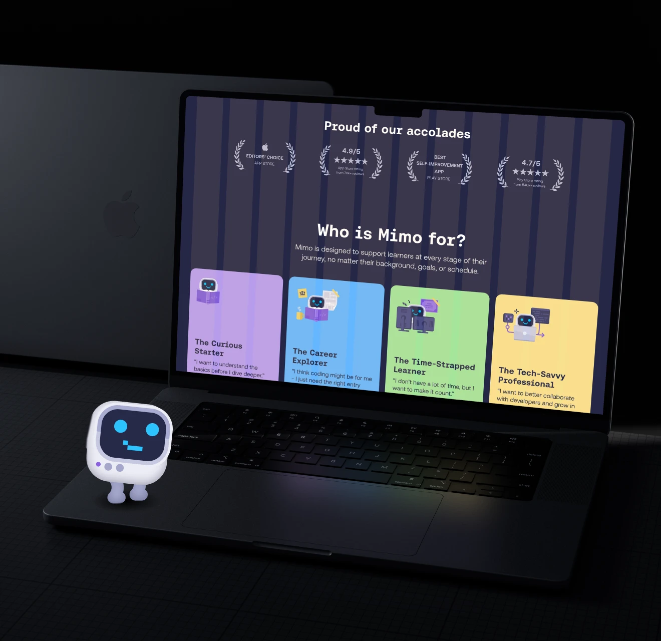 Open laptop displaying Mimo app accolades and user categories, with a small robot mascot standing on the laptop.