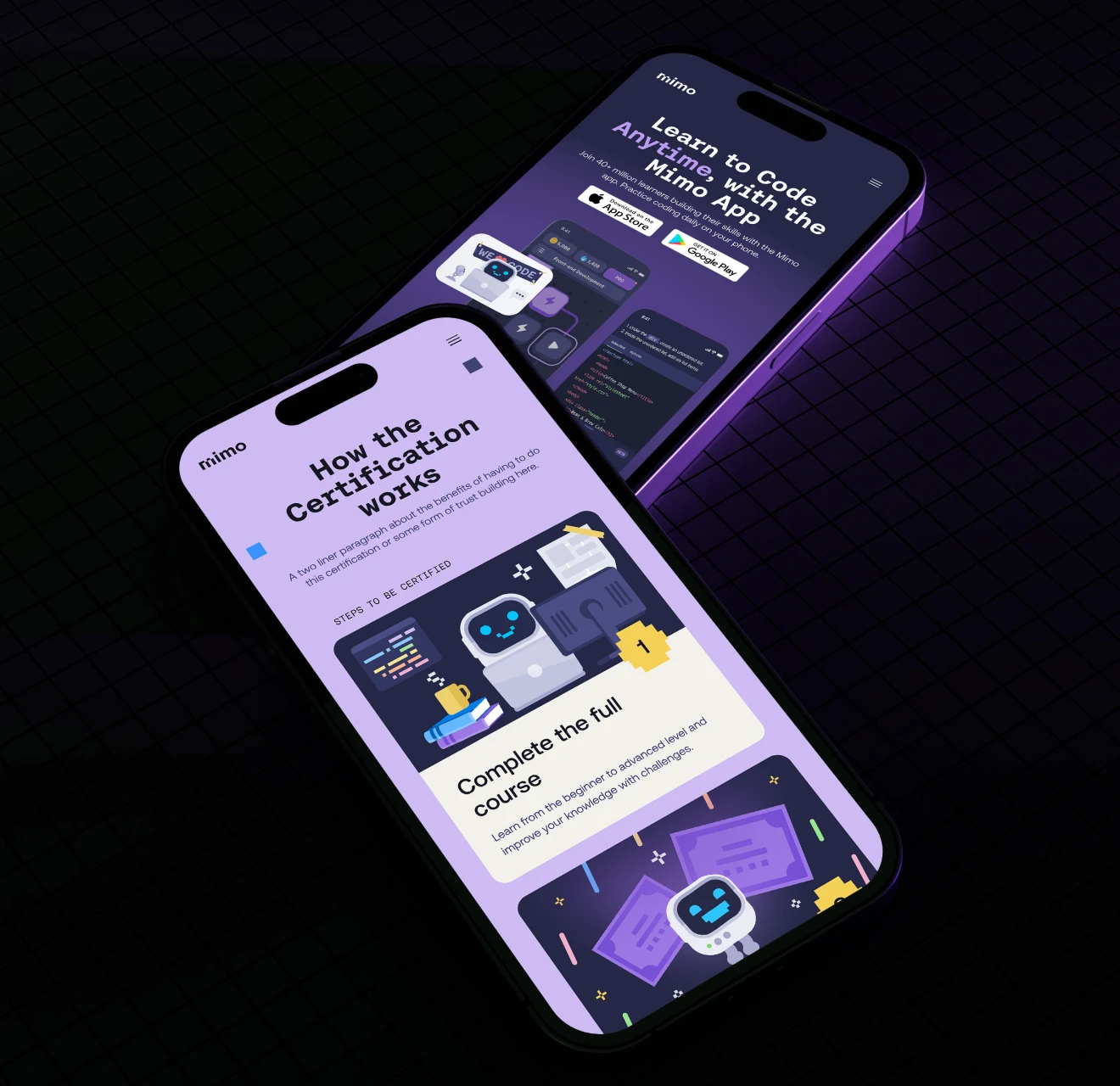 Two smartphones displaying the Mimo app; one showing 'Learn to Code Anytime' with download options, the other explaining certification steps with illustrations.