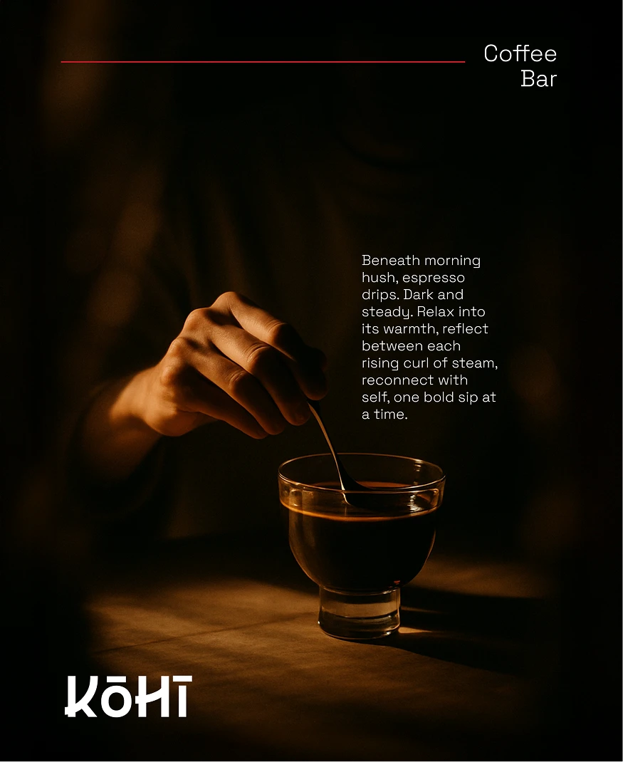 Hand stirring espresso in a glass cup on a dark table with warm, moody lighting and text about enjoying coffee.