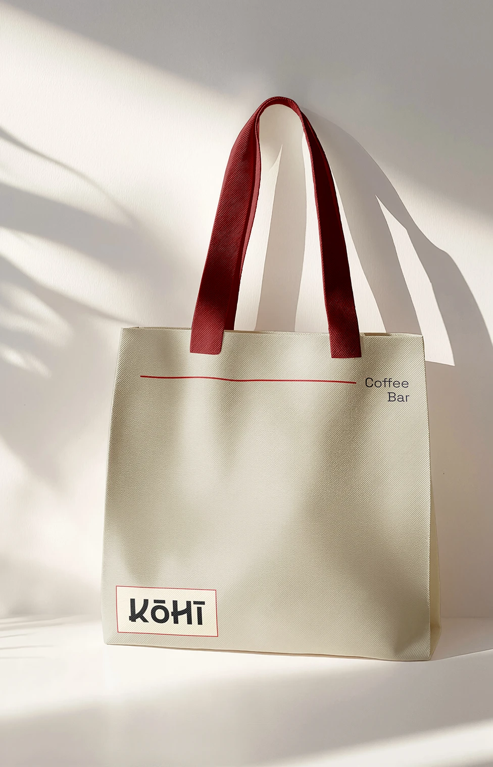 Beige tote bag with dark red handles, featuring the text 'Coffee Bar' and 'Kōhī' printed on the front.