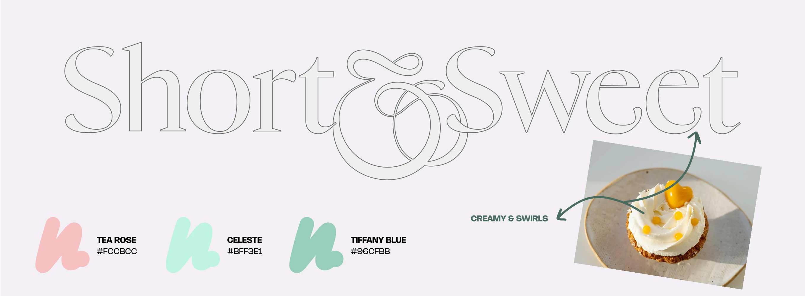 Cupcake on a plate with white frosting and yellow decoration, accompanied by text showing color swatches Tea Rose, Celeste, and Tiffany Blue, and the phrase 'Short & Sweet' with arrows pointing to the frosting labeled 'Creamy & Swirls'.