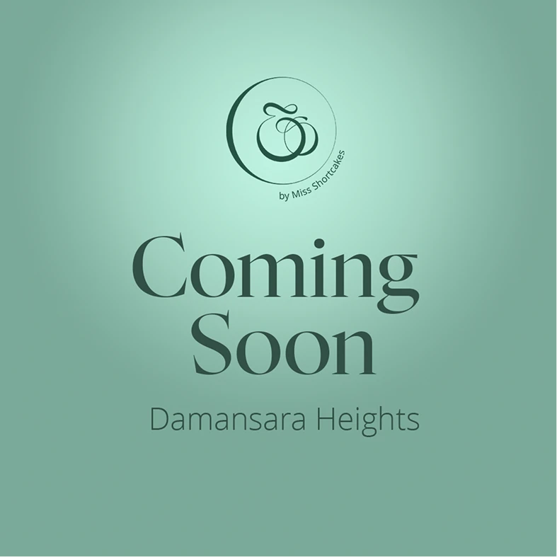 Logo with text 'by Miss Shortcakes' and announcement 'Coming Soon Damansara Heights' on a green gradient background.