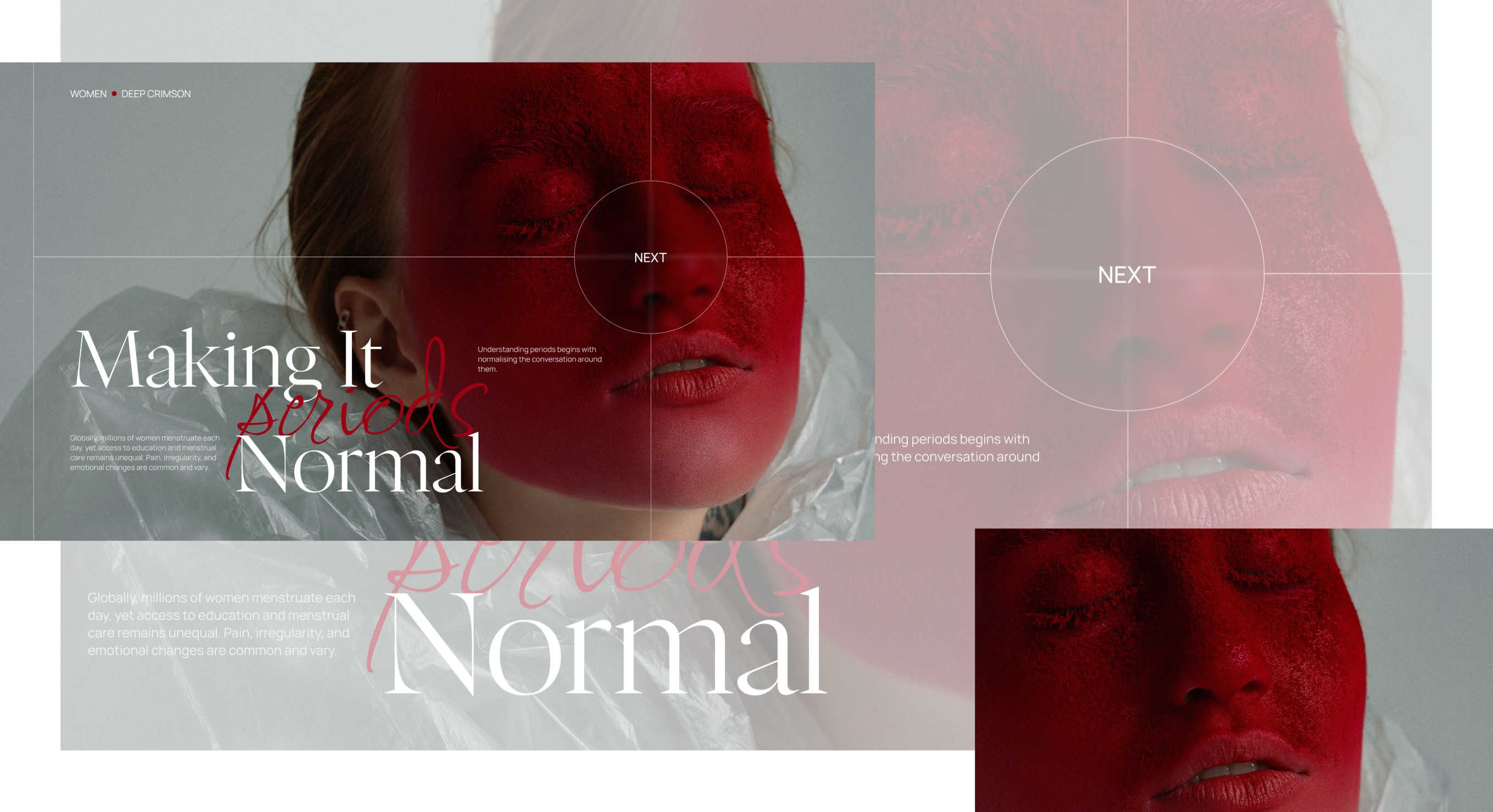 Woman with half her face covered in deep crimson paint and eyes closed, overlaid with text 'Making It periods Normal' and a note on menstrual health inequality.