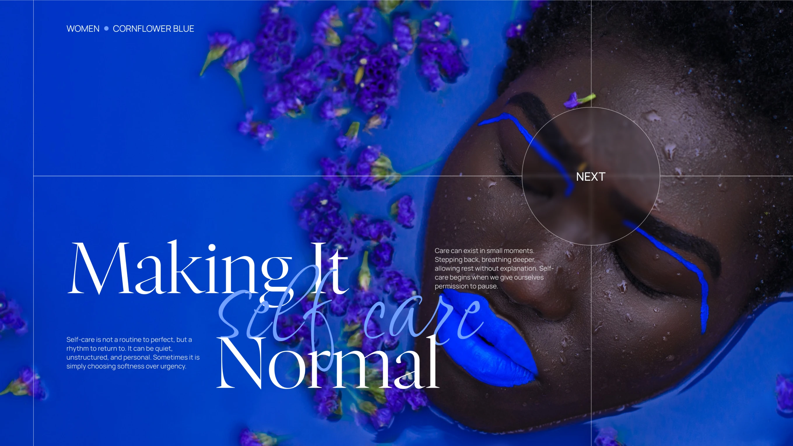 Close-up of a dark-skinned woman with vibrant cornflower blue makeup on her lips and eyelids, surrounded by cornflower blue flowers in water, with text about self-care.
