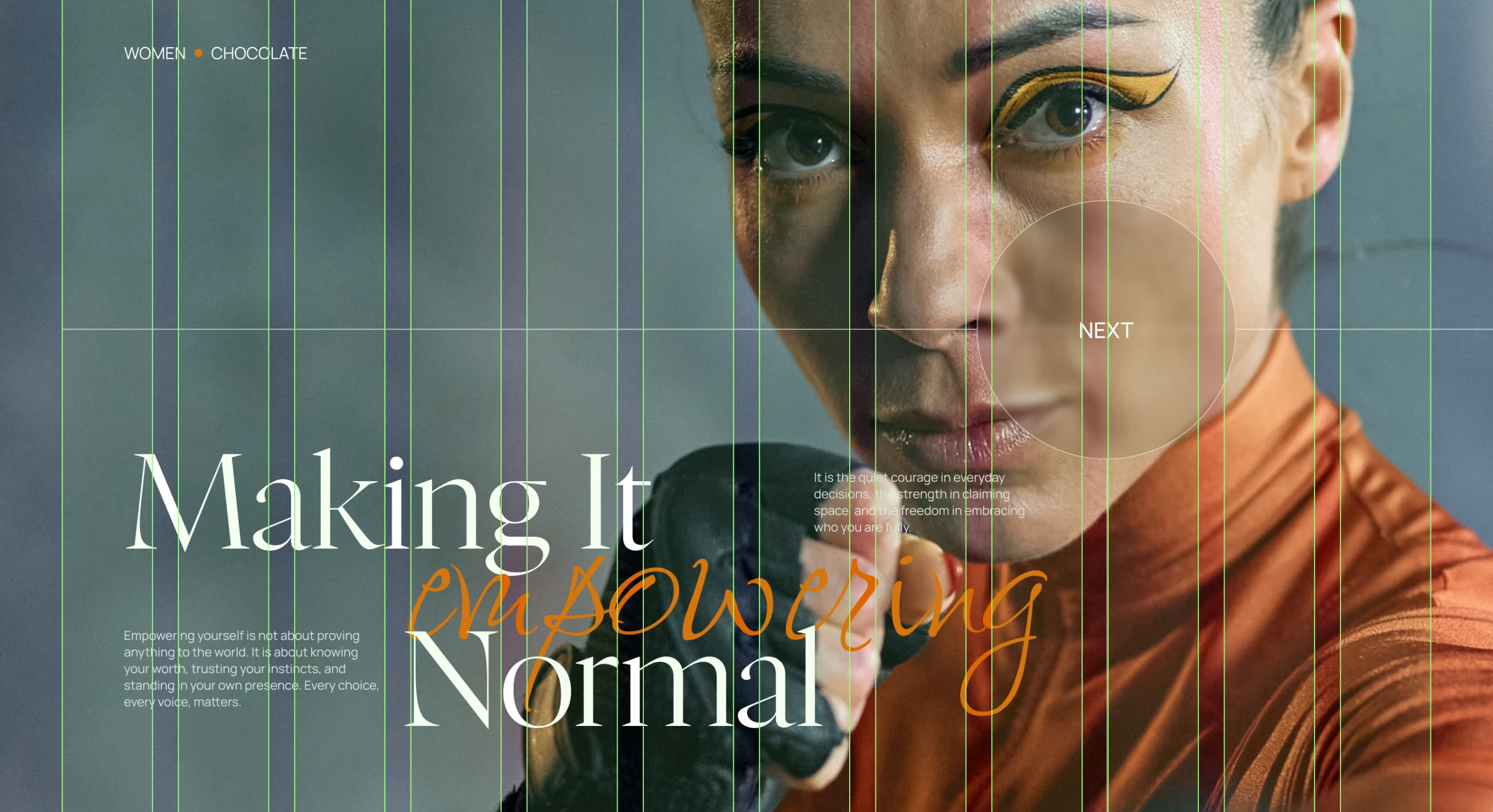 Close-up of a determined woman wearing orange with bold yellow eyeliner, holding a boxing glove forward.