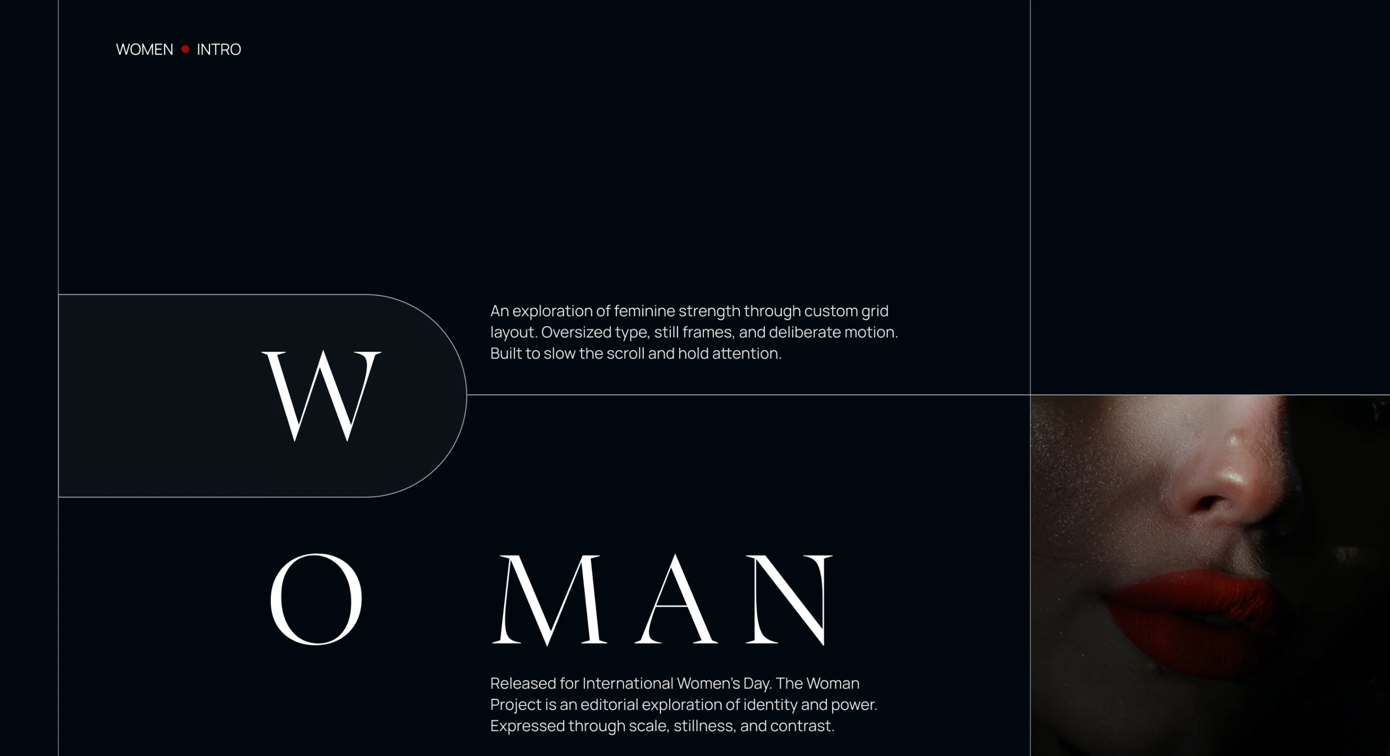 Close-up of a woman's face with red lipstick partially illuminated on a dark background next to stylized text about feminine strength and International Women's Day.