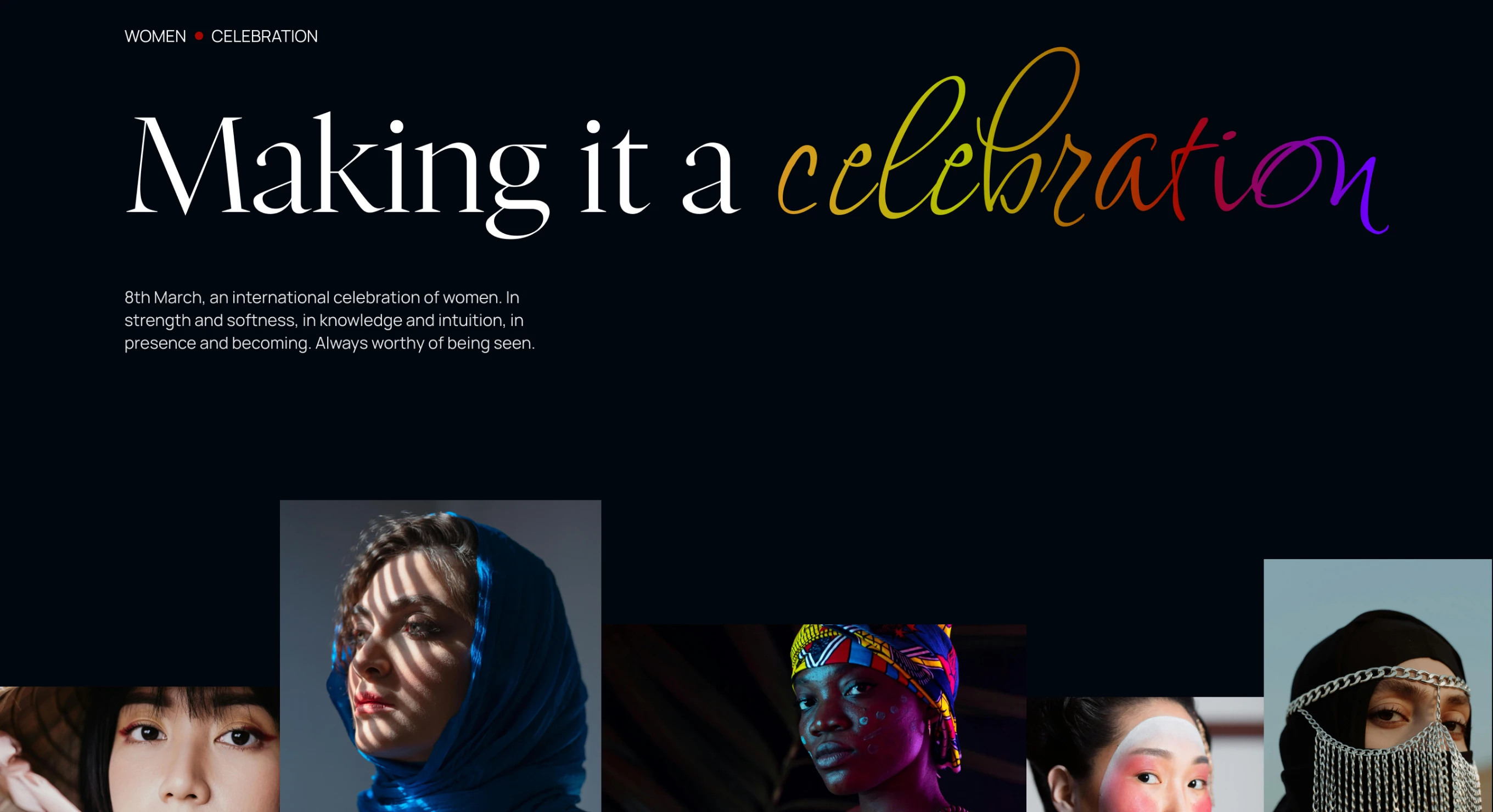 Banner with text celebrating women accompanied by portraits of diverse women symbolizing strength, softness, and presence.