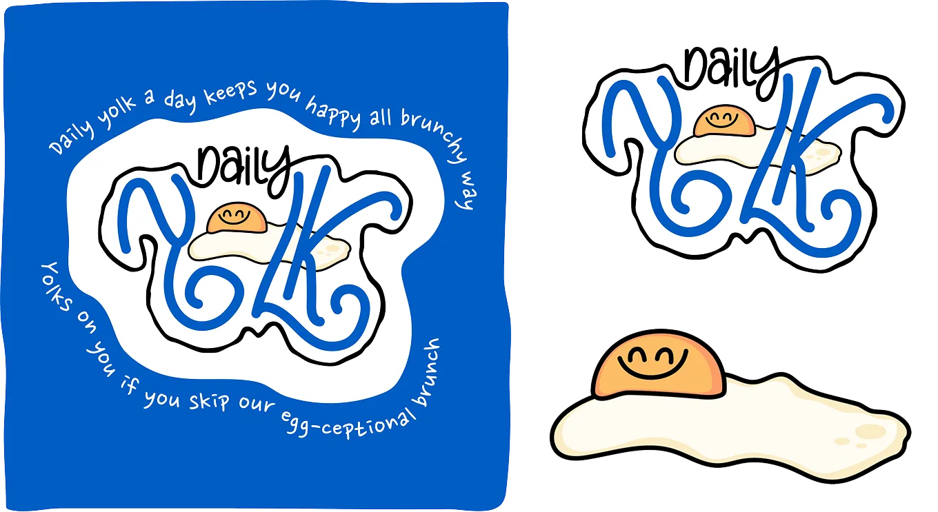Logo featuring a smiling fried egg yolk with stylized blue text 'daily yolk' and a circular slogan about brunch on a blue background.