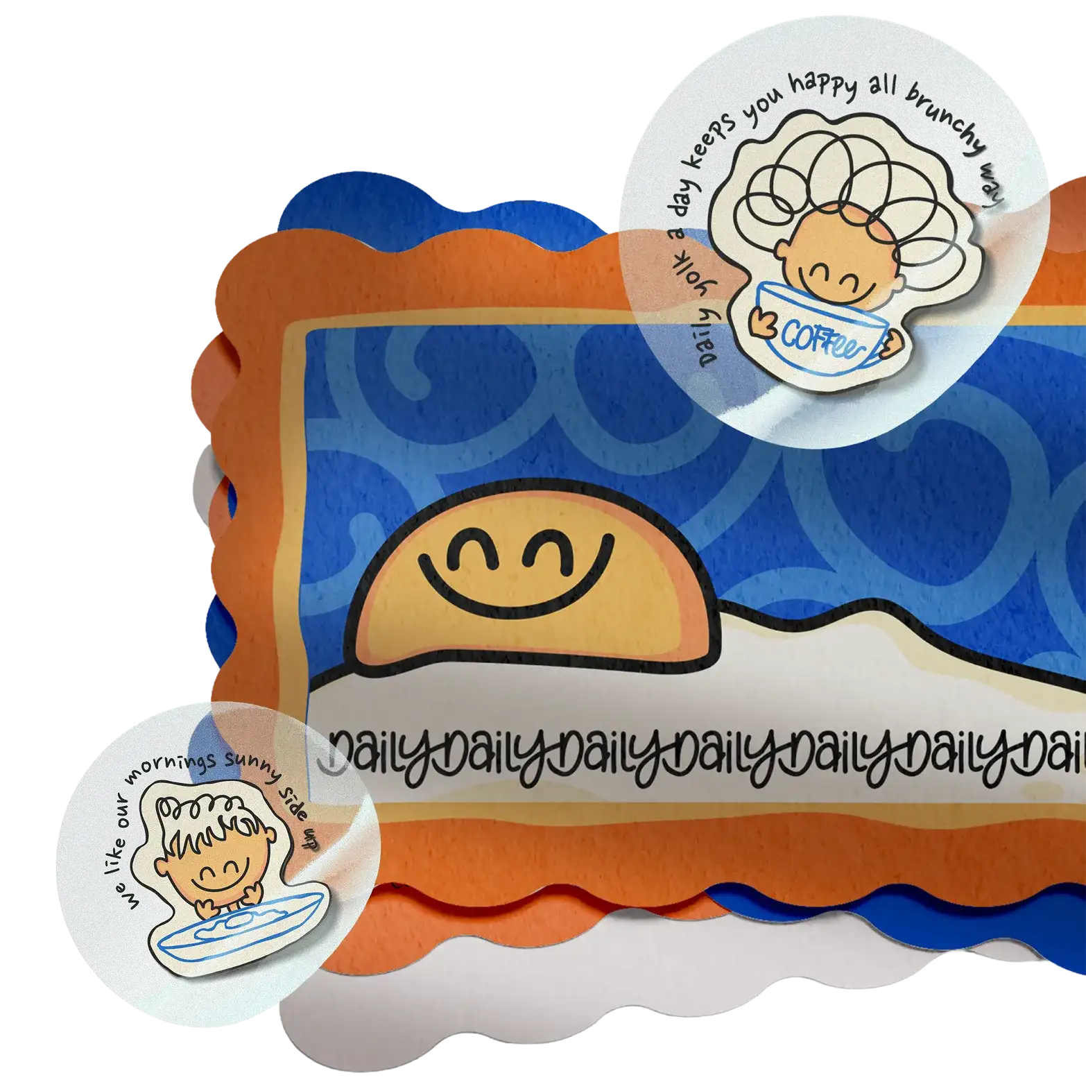Illustration of a smiling sunny side up egg on a blue and orange background with two stickers showing cheerful characters holding a coffee cup and an egg, with text about brunch and sunny side up.