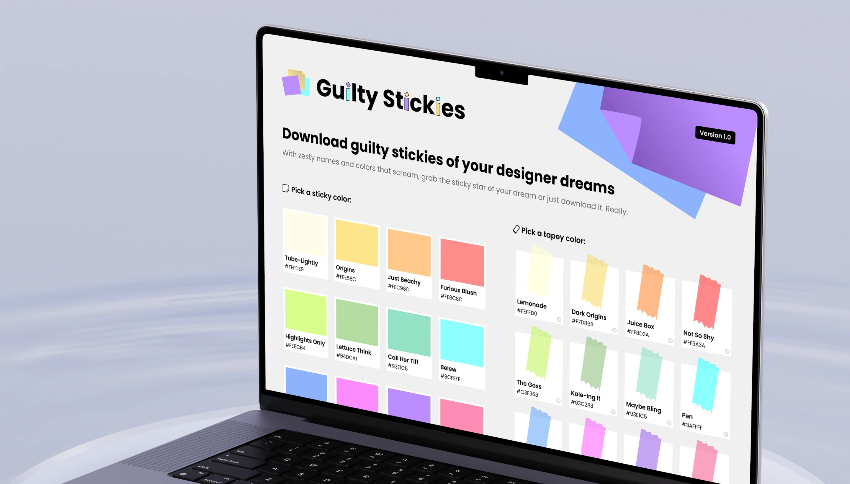 Laptop screen displaying Guilty Stickies color palette with labeled sticky and tape colors for designers.