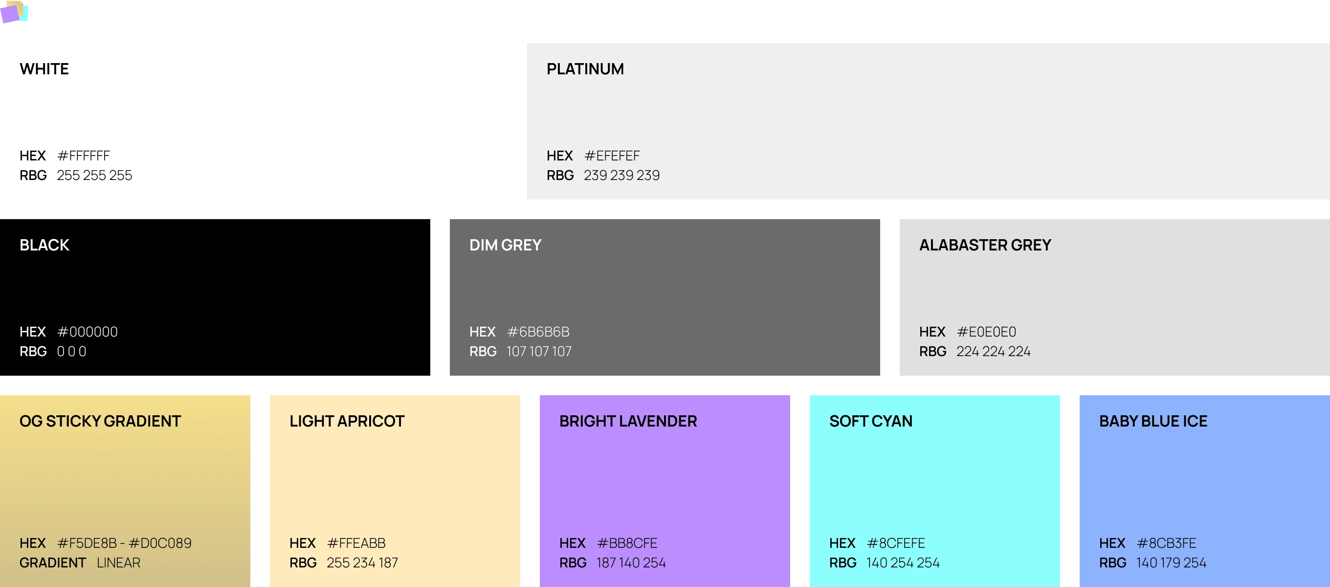 Color palette showing white, platinum, black, dim grey, alabaster grey, OG sticky gradient, light apricot, bright lavender, soft cyan, and baby blue ice with their HEX and RGB values.