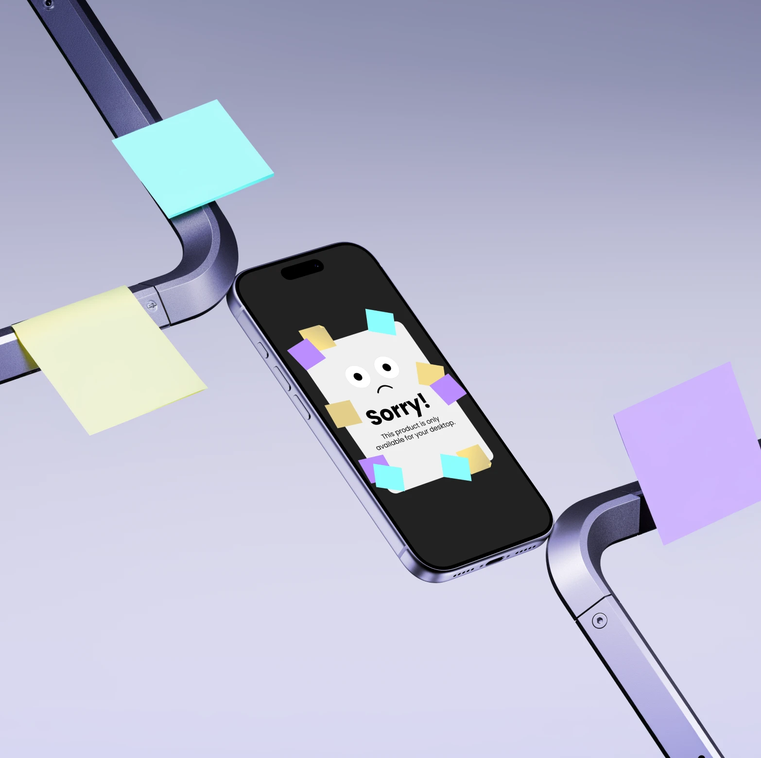 Smartphone displaying a message with a sad face icon and text saying the product is only available on desktop, surrounded by colorful sticky notes.