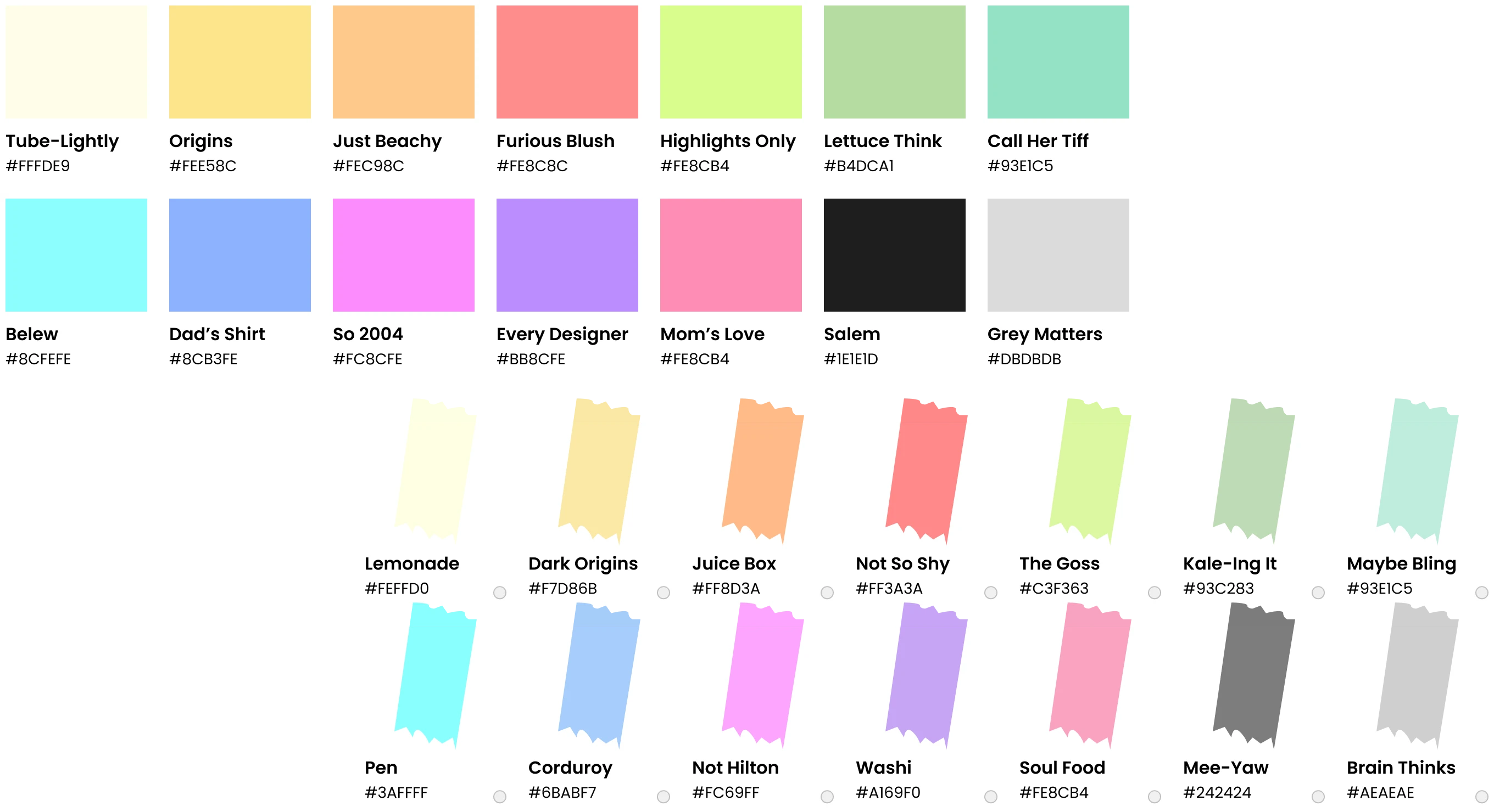 Palette of pastel and bright color swatches with names and hex codes, including shades like Tube-Lightly, Origins, Furious Blush, Salem, and Brain Thinks.