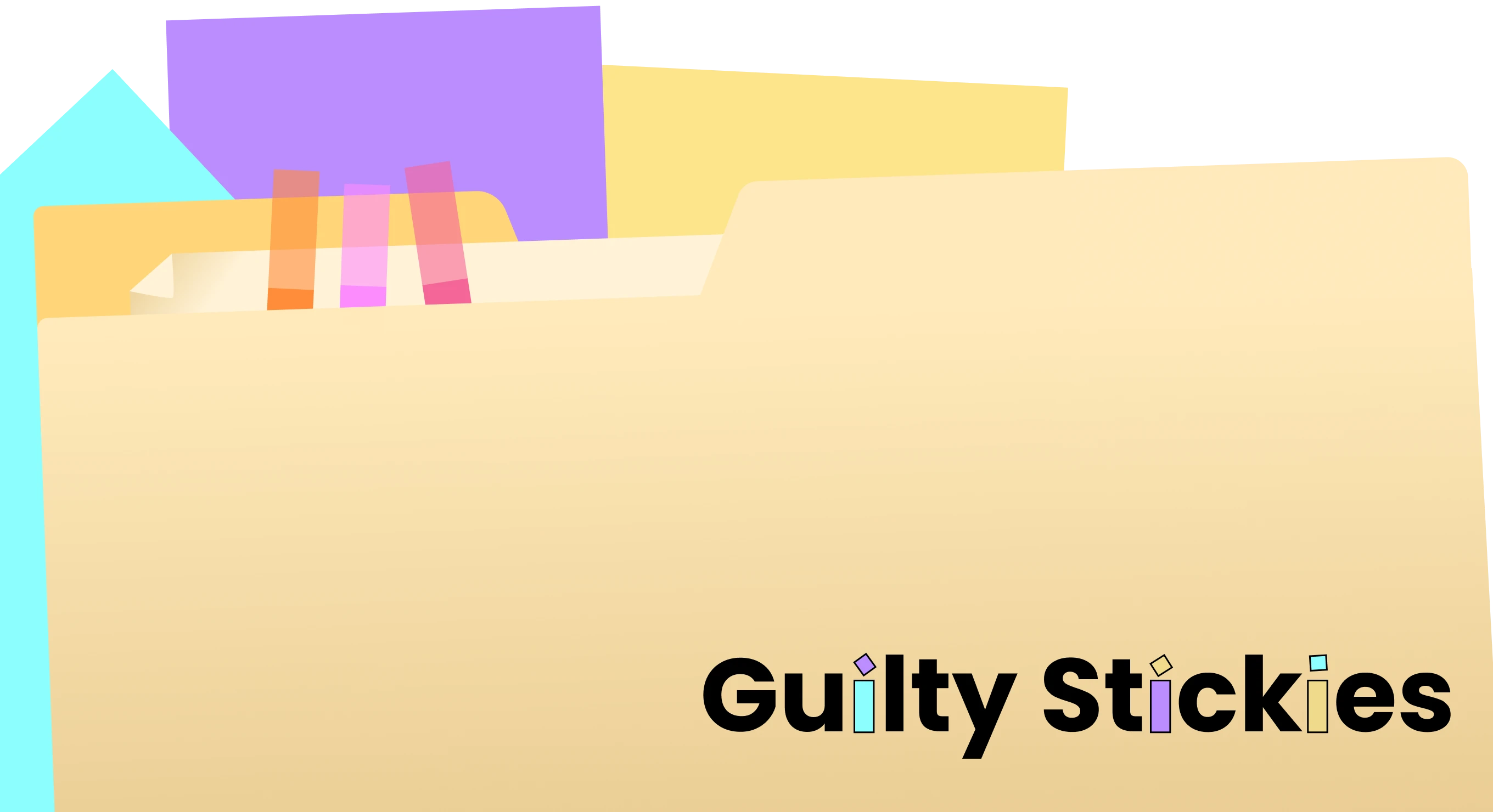 Illustration of overlapping file folders with colorful sticky tabs and the text 'Guilty Stickies' on the largest folder.