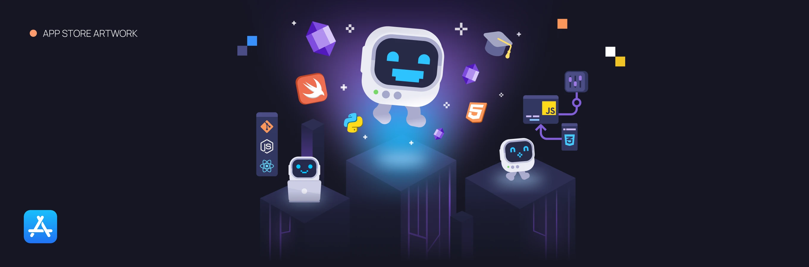 Three smiling robot icons on dark platforms surrounded by programming language logos including Python, JavaScript, HTML5, CSS3, Git, React, and Swift, with an App Store icon in the corner.