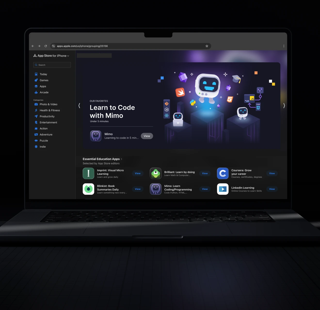 Laptop displaying the Apple App Store webpage featuring educational coding apps including 'Learn to Code with Mimo' and other essential education apps.