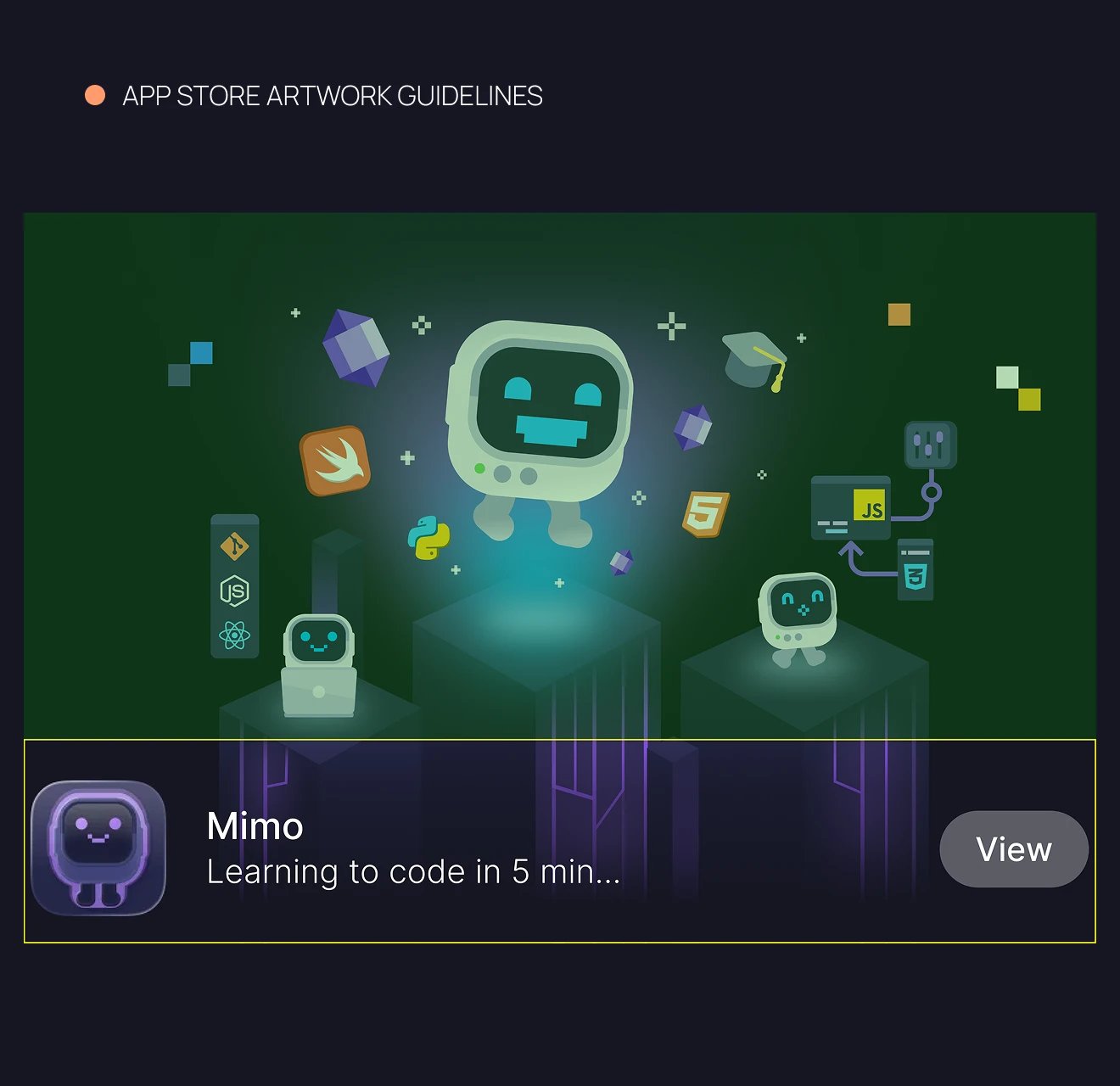 Mimo app advertisement featuring a smiling robot character surrounded by coding icons like Python, JavaScript, and HTML5 on a dark green background, with the text 'Learning to code in 5 min...'