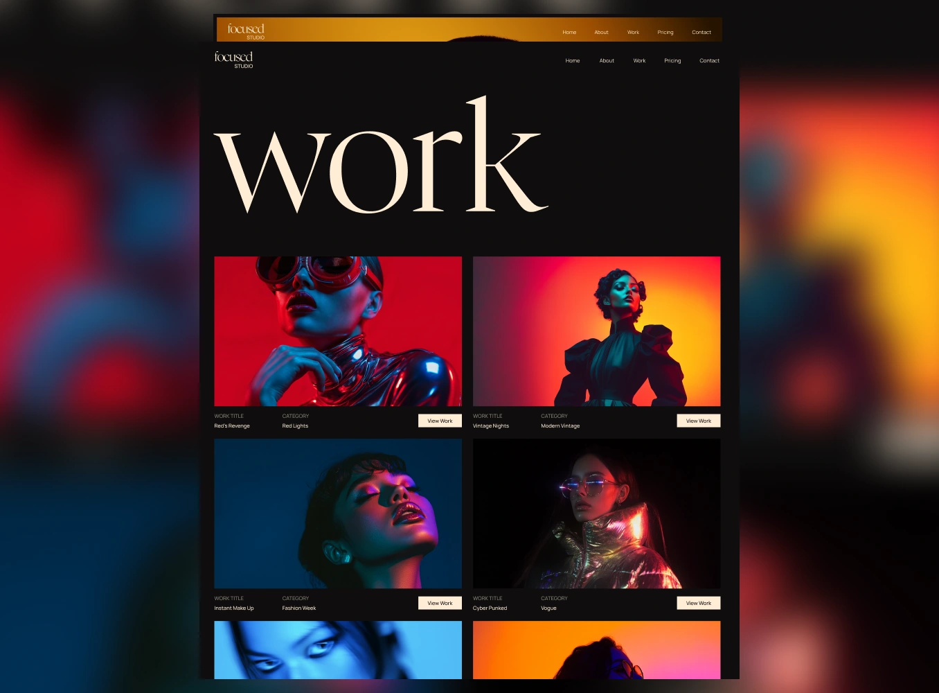 Focused Webflow Template work page preview with blur effect on item