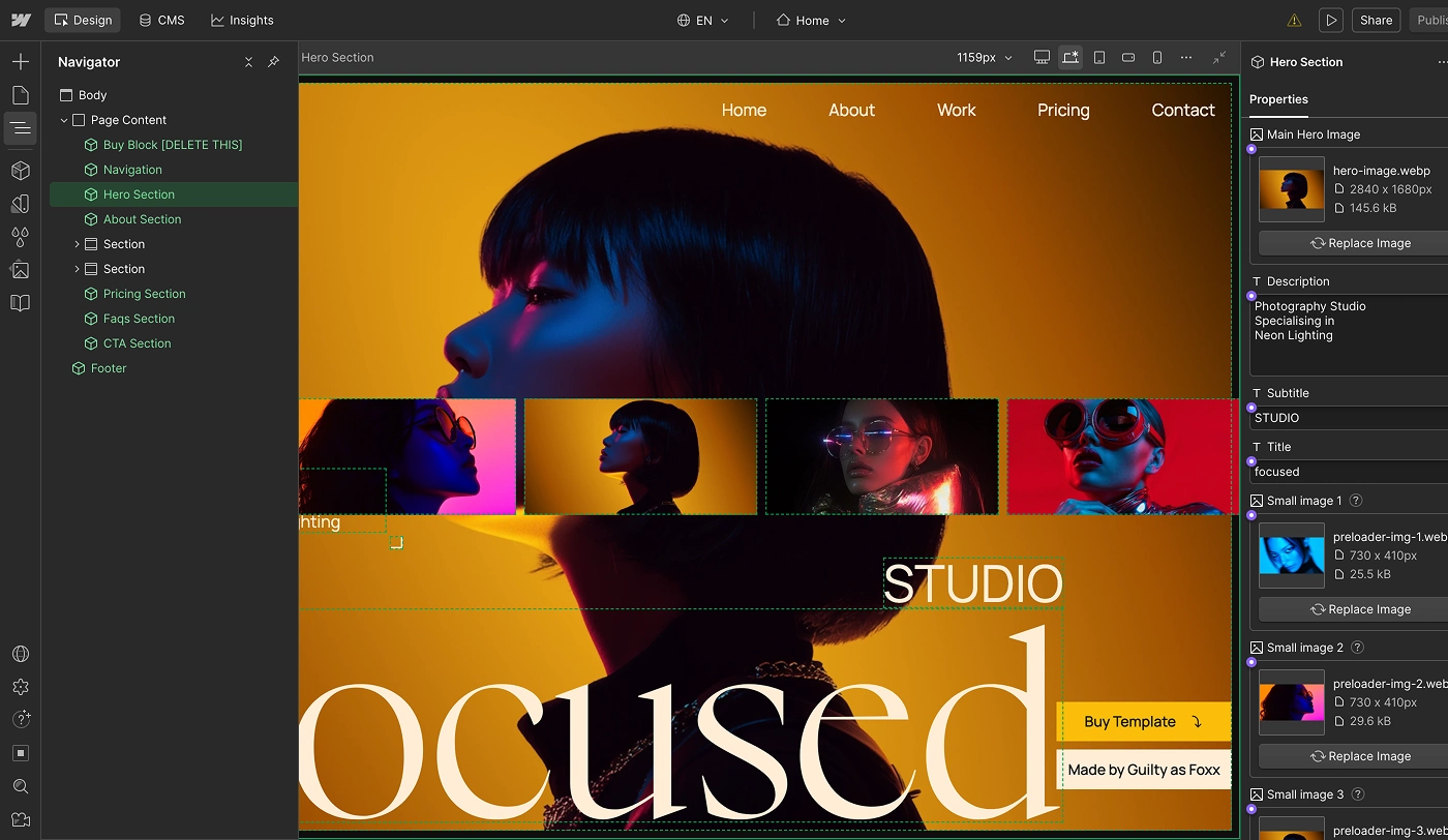 Preview of Focused Webflow Template webpage created by Guilty as Foxx showing how to easily edit template