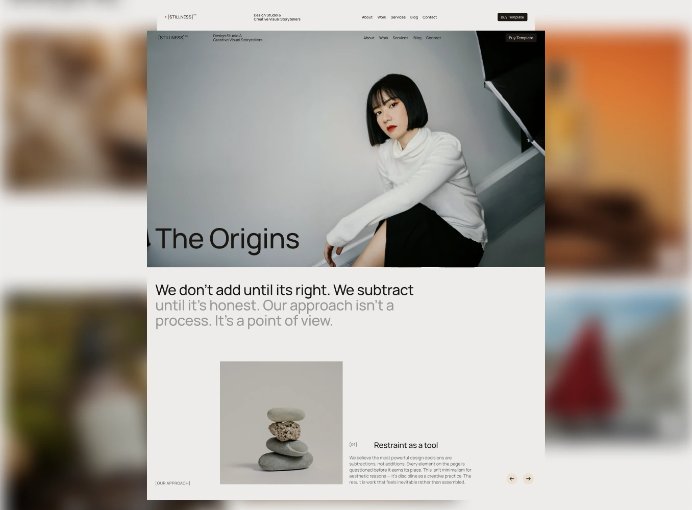 Stillness Webflow Template work page preview showing different grid layout
