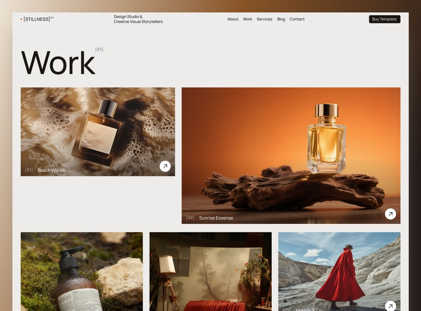 Stillness Webflow Template work page preview showing different grid layout