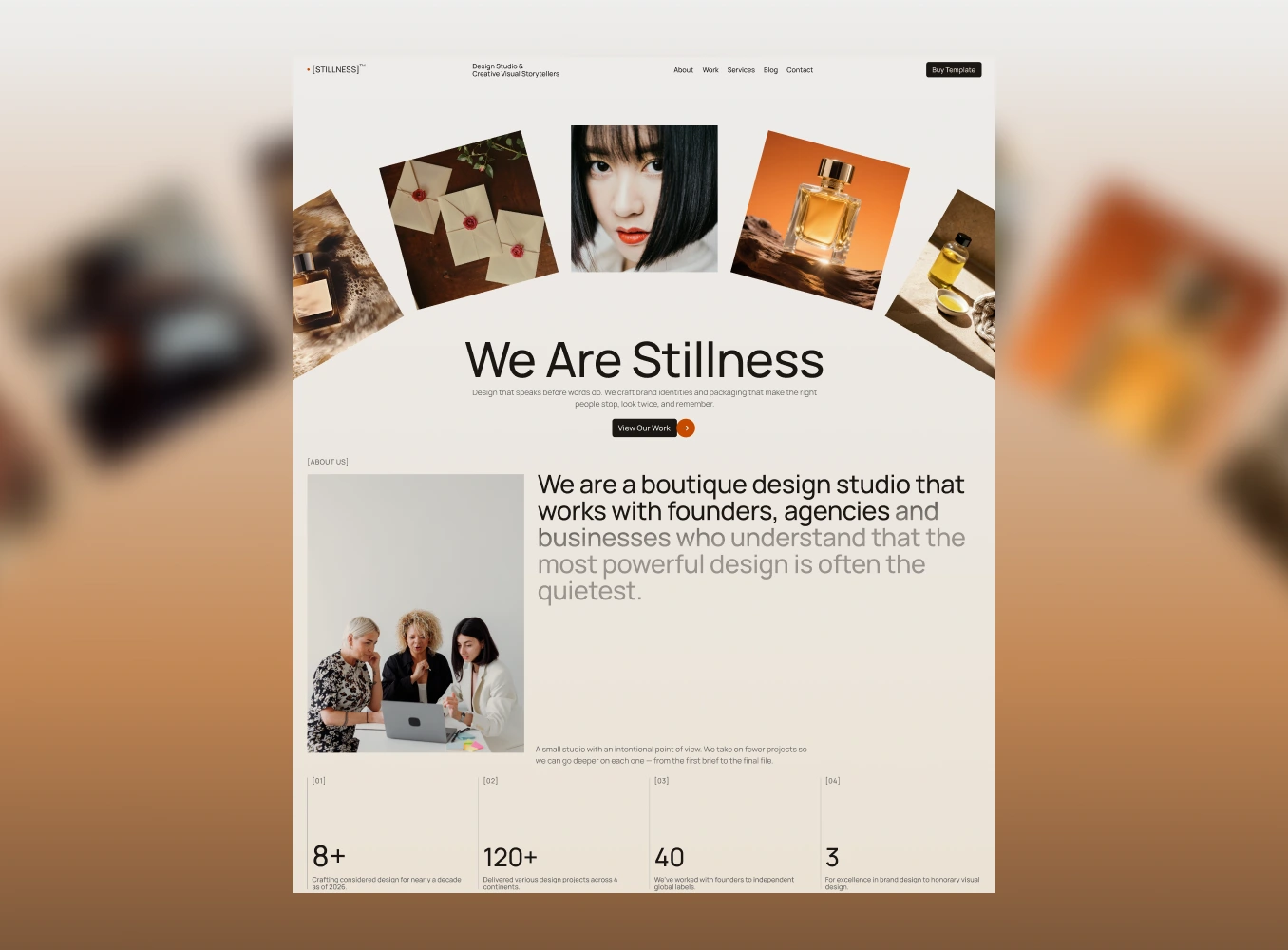 Stillness Webflow Template home page preview showing gallery of images