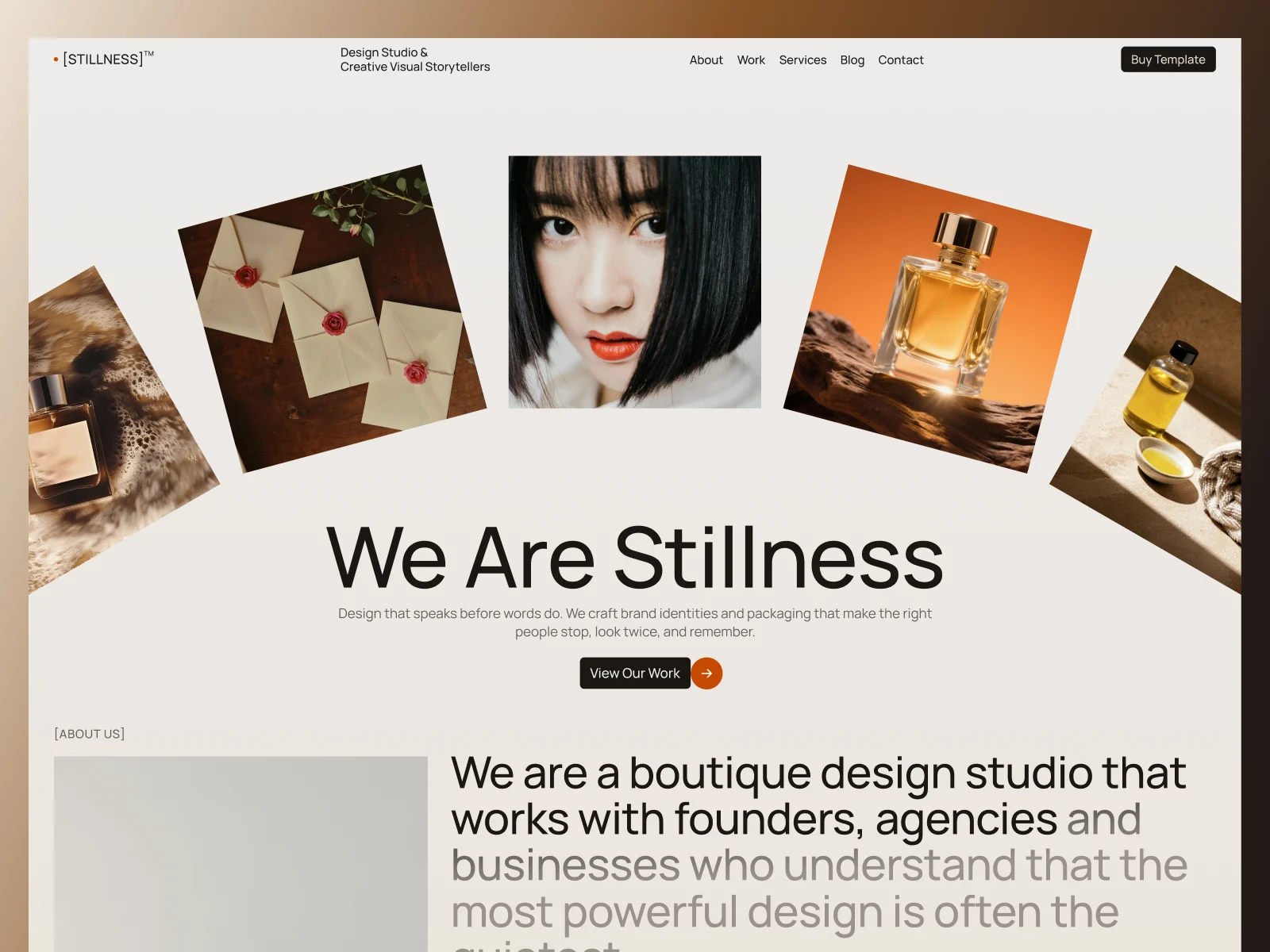 Website homepage of Stillness design studio with images of work from the Stillness Webflow Template created by Guilty as Foxx