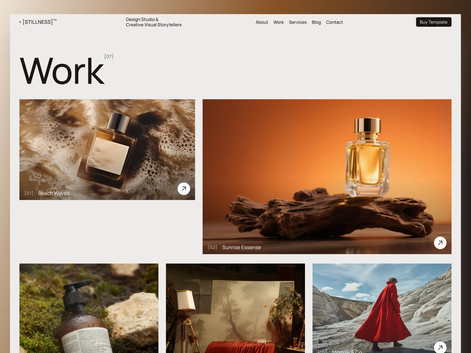 Website section titled Work showing photos in an uneven grid layout from the Stillness Webflow Template created by Guilty as Foxx