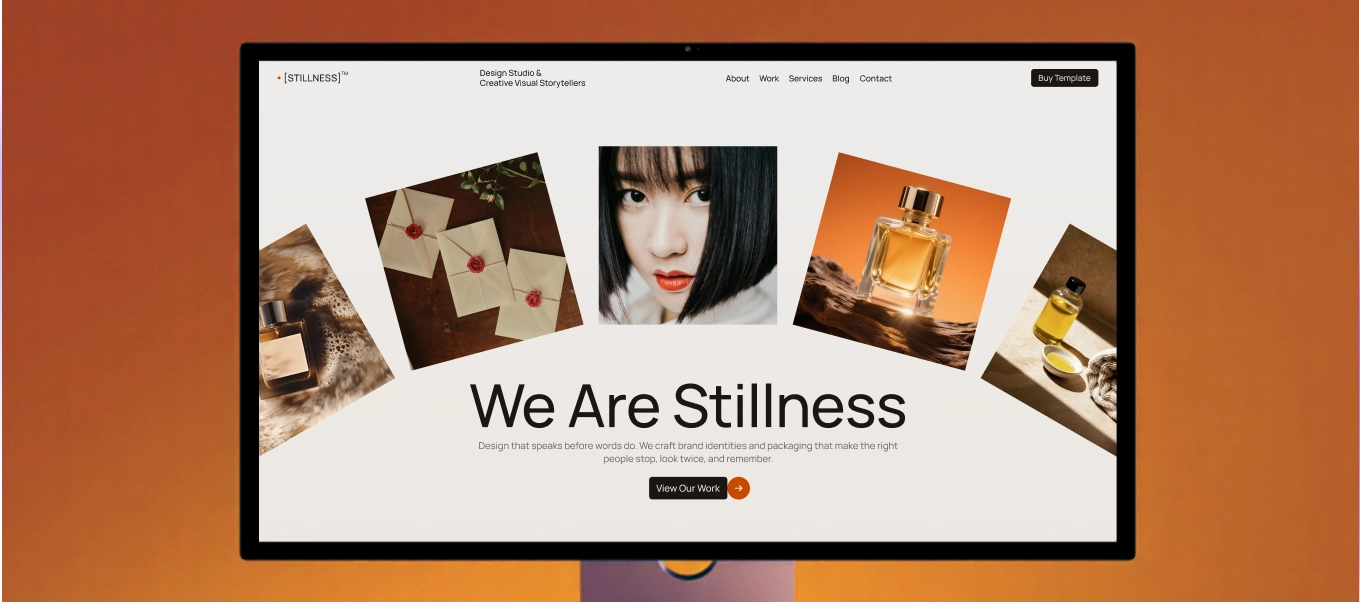 Computer monitor on orange couch showing the Stillness Webflow Template created by Guilty as Foxx