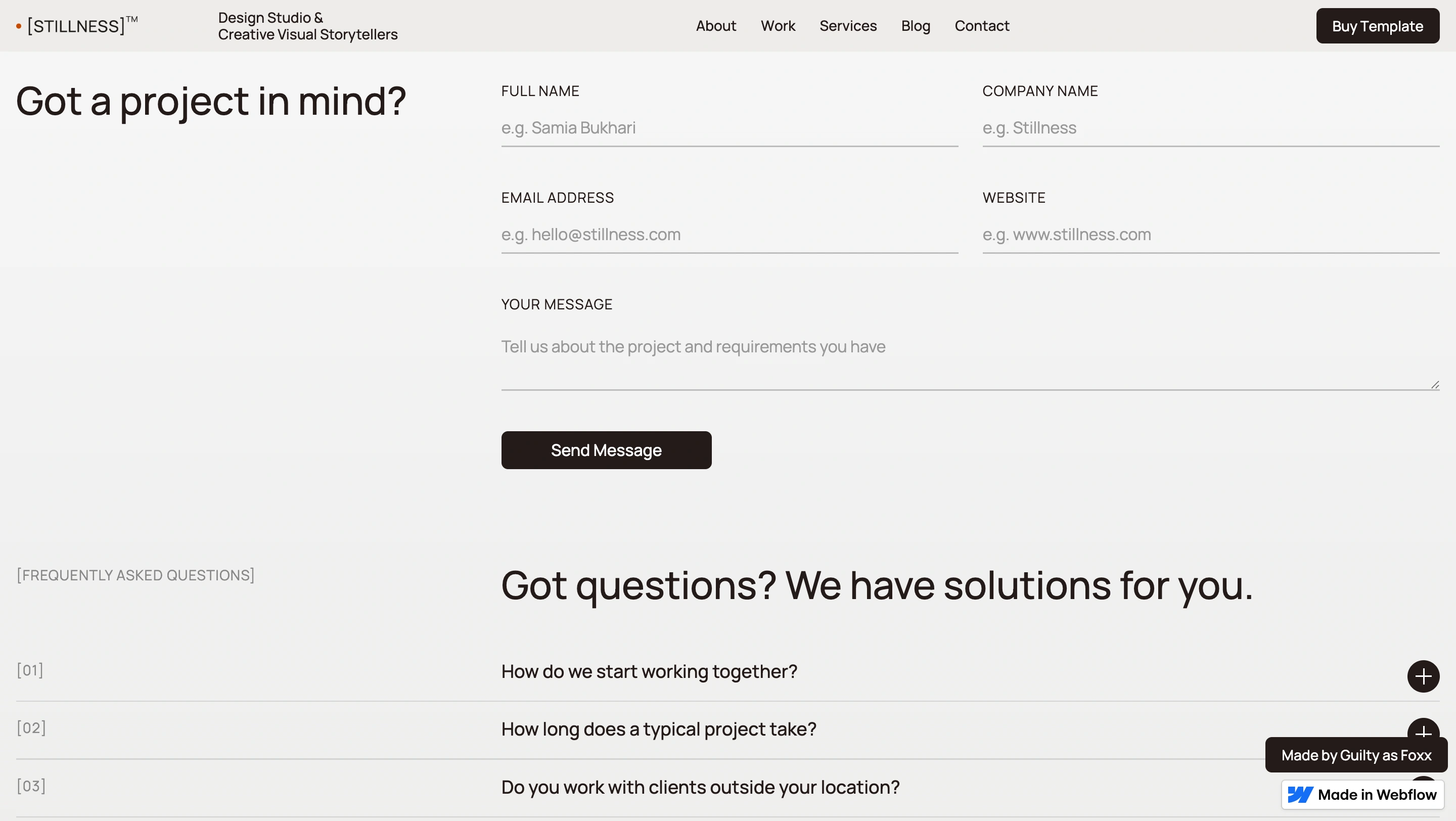 Contact page sections showing forms and faqs of Stillness Webflow Template by Guilty as Foxx