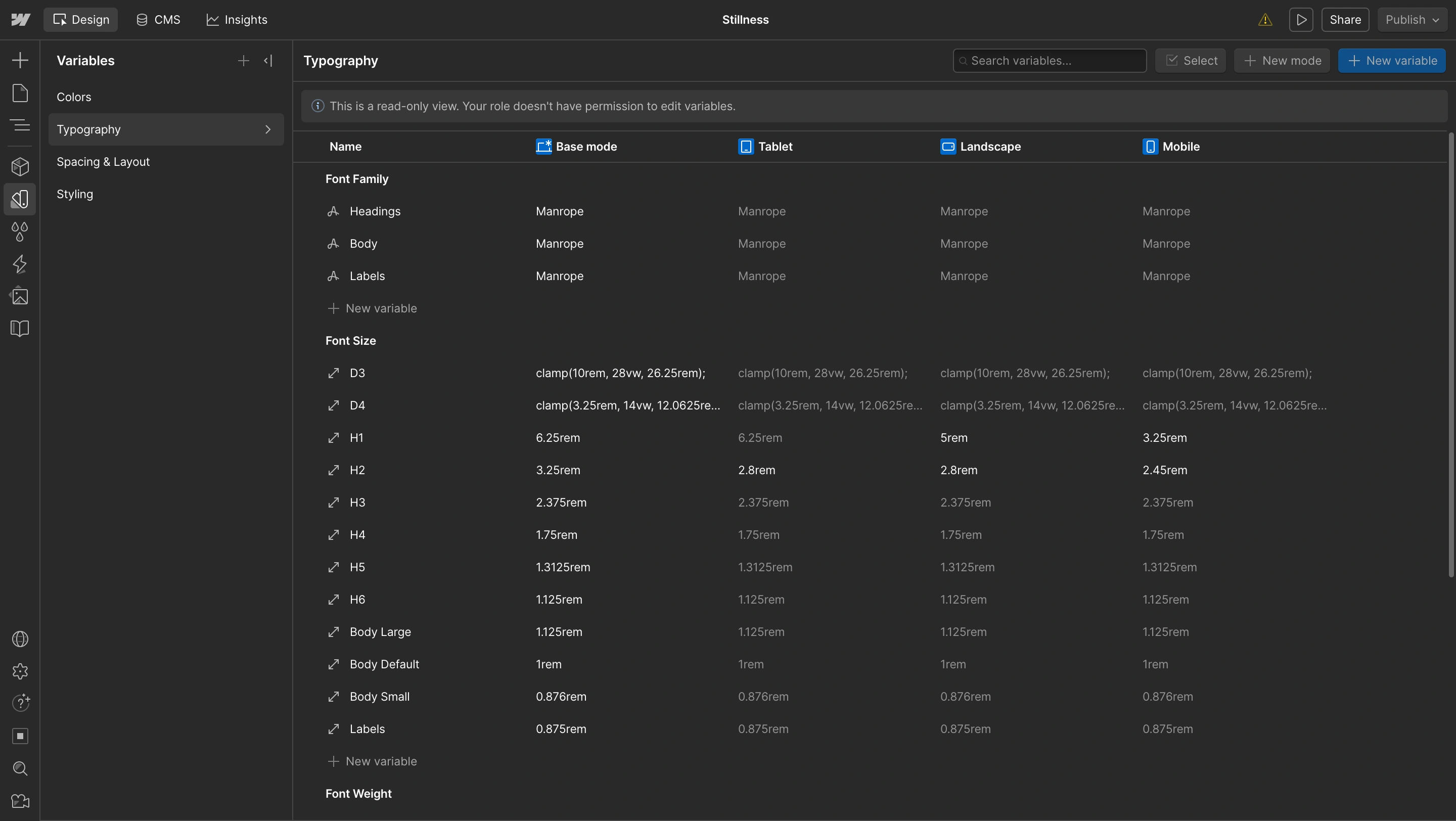 Variable setup for styling, colors, typography seen in the preview screen of Stillness Webflow Template by Guilty as Foxx