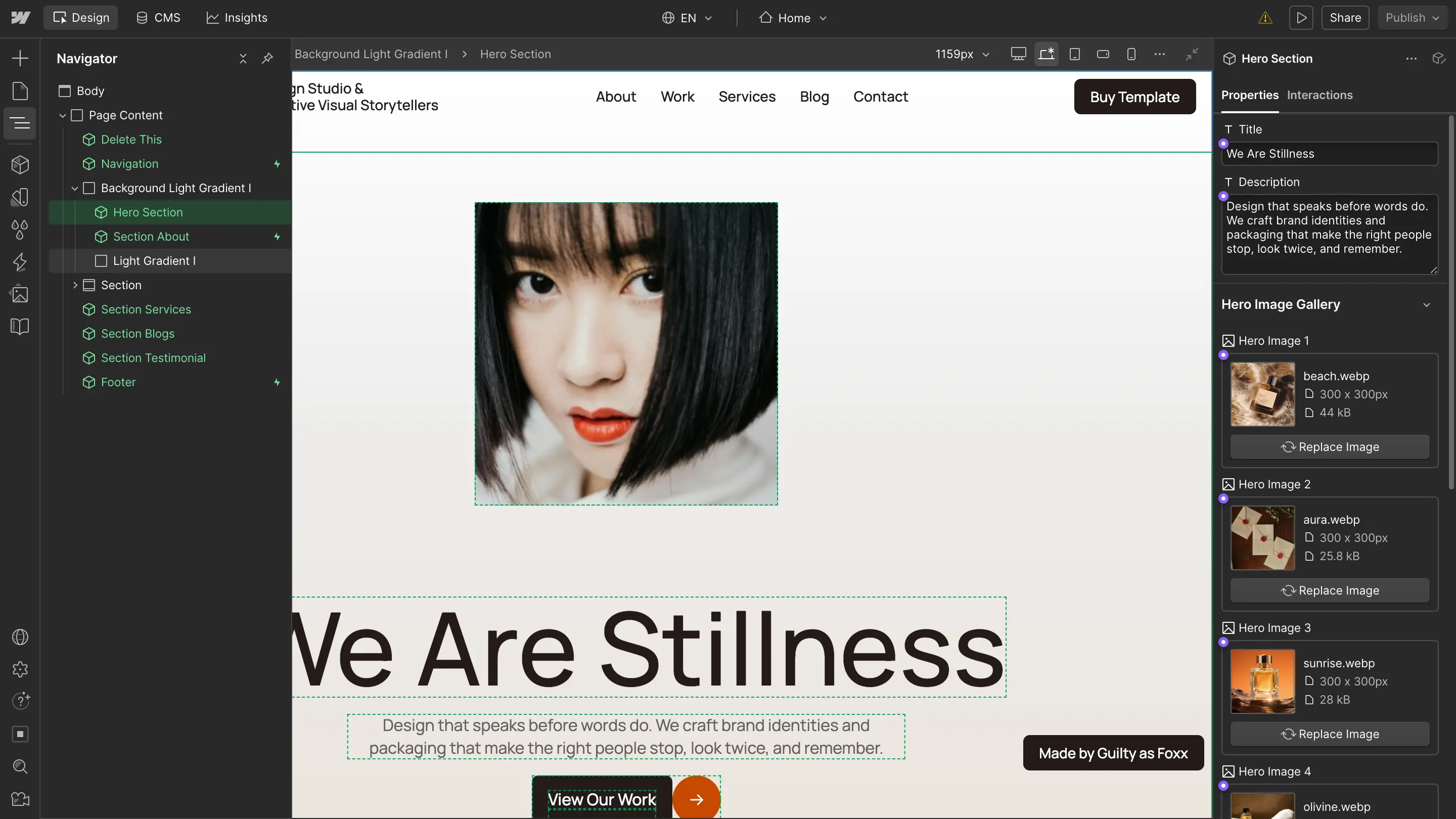 Component editing option seen in the preview screen of Stillness Webflow Template by Guilty as Foxx