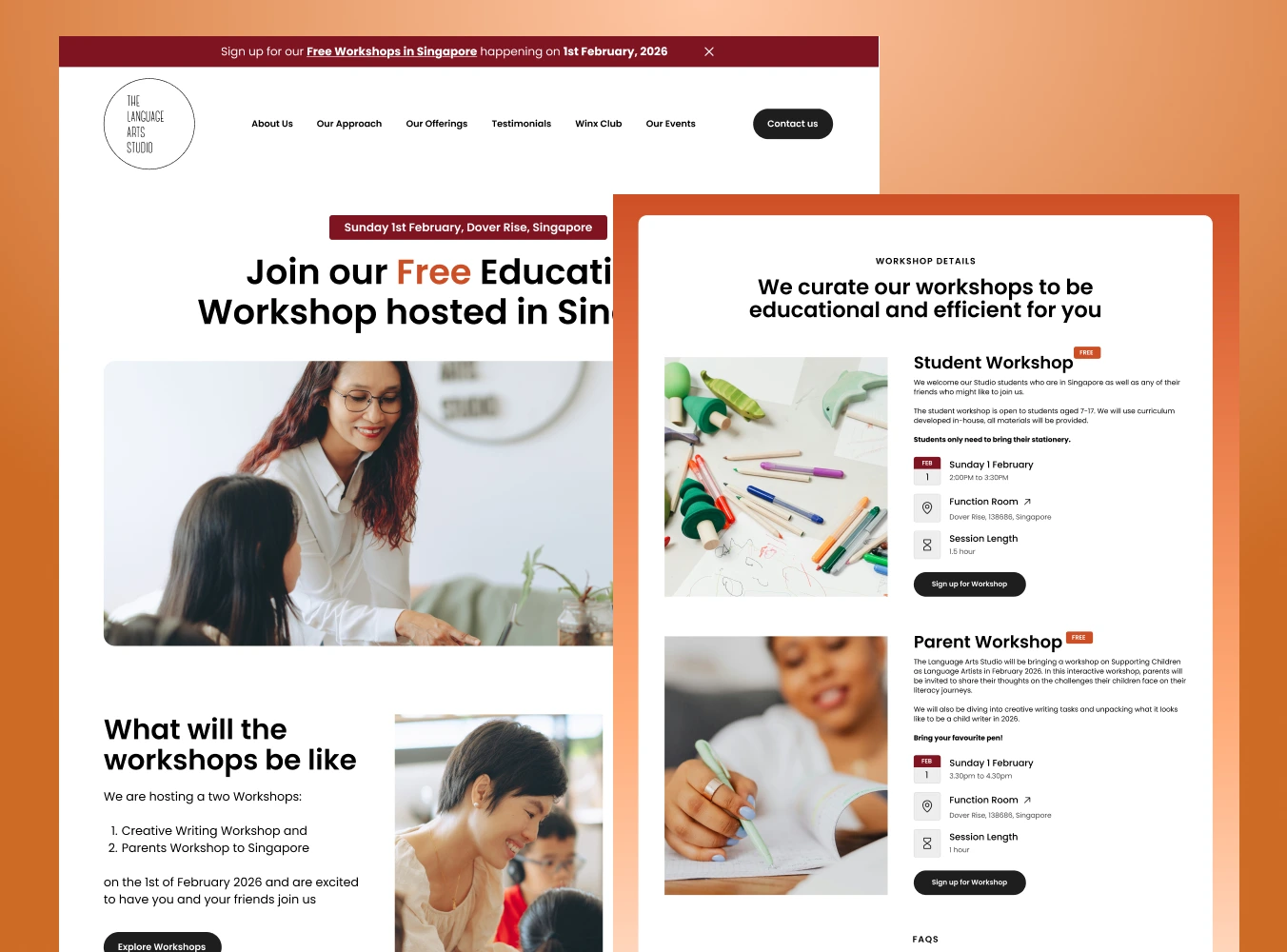 web design of the language arts studio events page by guilty as foxx