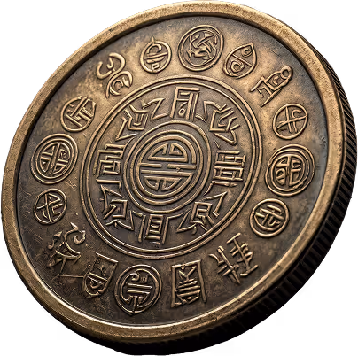Round bronze coin engraved with intricate circular patterns and stylized ancient script characters.