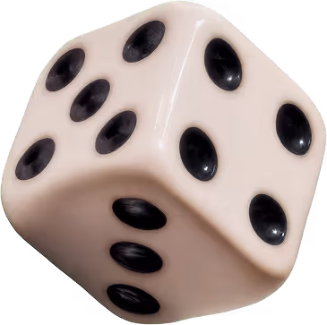 White six-sided die showing the numbers three, five, and six with black dots.