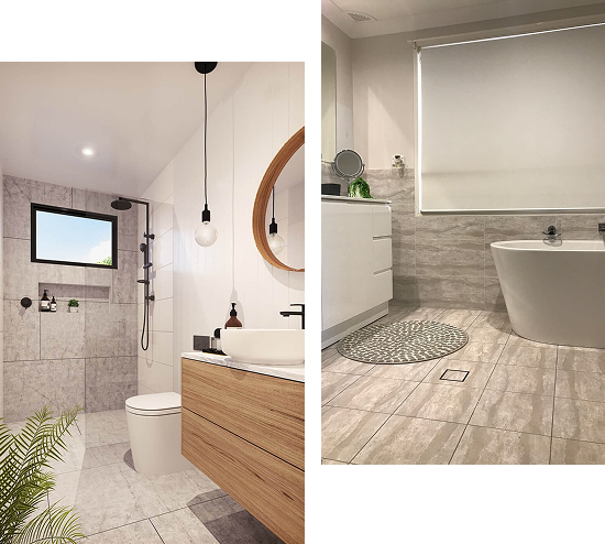 Modern bathroom with a walk-in shower, wall-mounted wooden vanity with vessel sink, round mirror, freestanding bathtub, and tiled floor and walls.