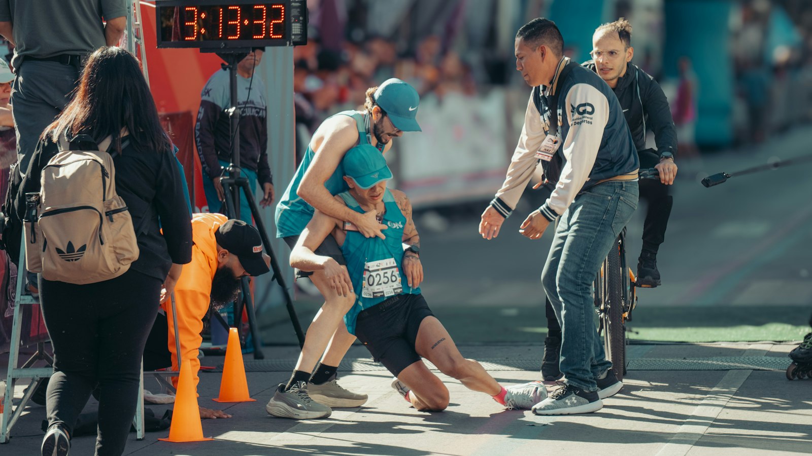 Exhausted runners at a race finish