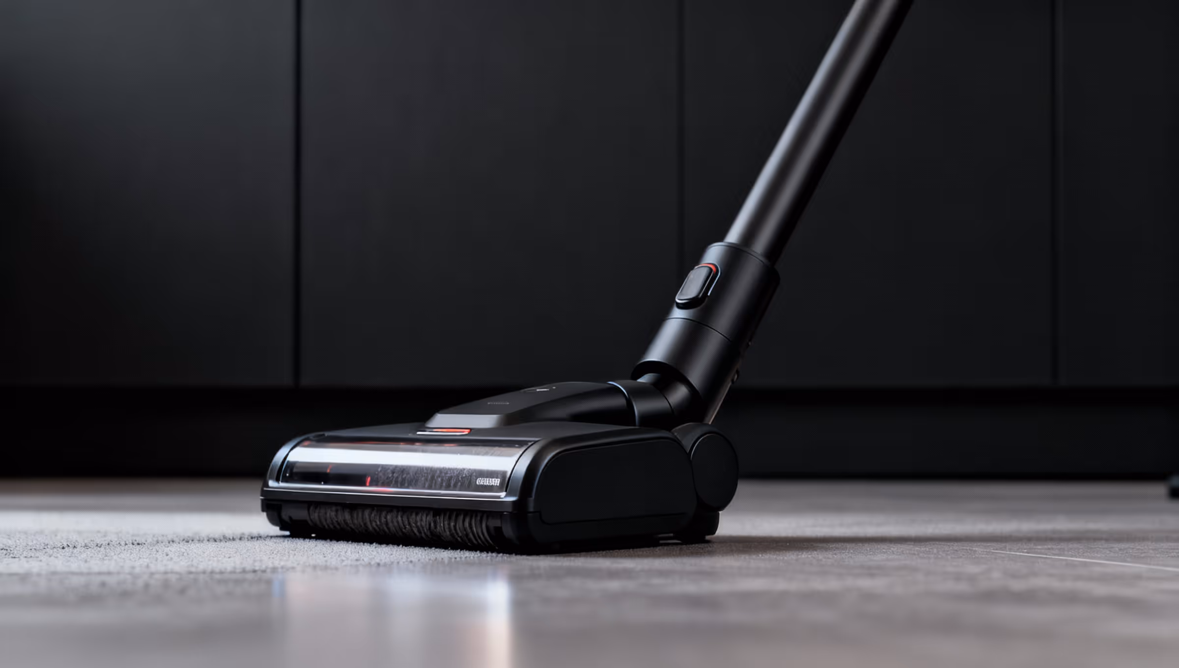 Close-up of a modern black vacuum cleaner head on a tiled floor against a dark background.