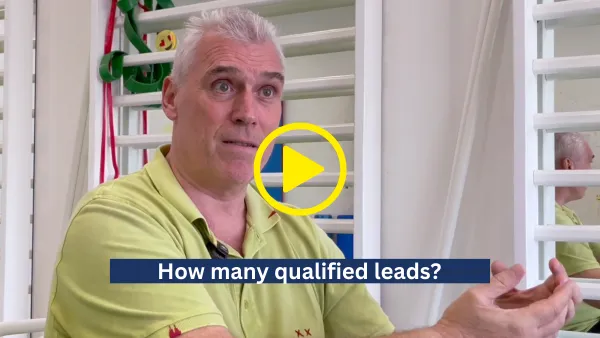 Man in a yellow shirt explaining with hands, with caption 'How many qualified leads?' and a yellow play button overlay.