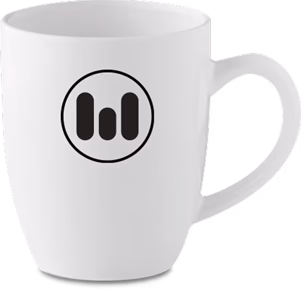 White mug with a black circle enclosing three vertical bars of varying heights in the center.