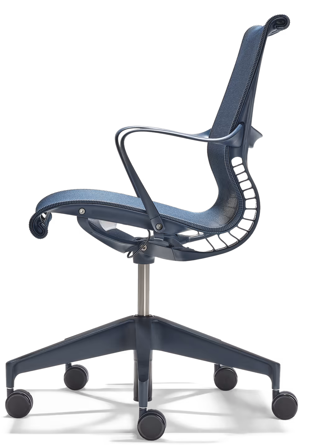 Modern ergonomic office chair with mesh backrest, armrests, and wheeled base.