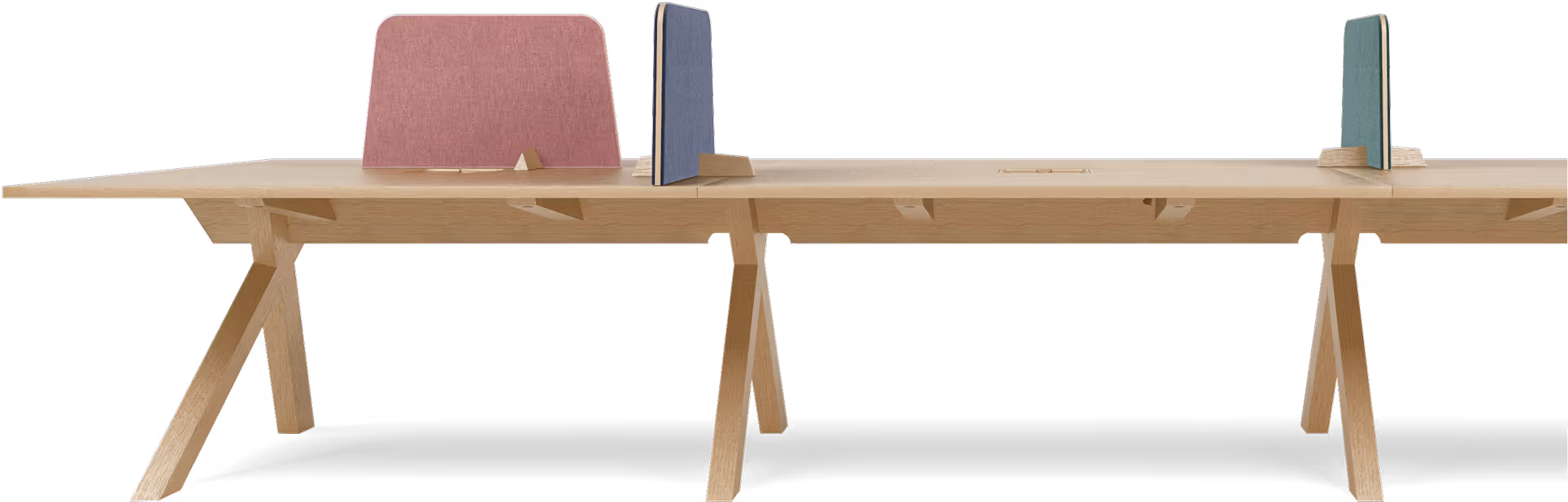 Wooden office desk with angled legs and three fabric privacy panels in pink, blue, and green.
