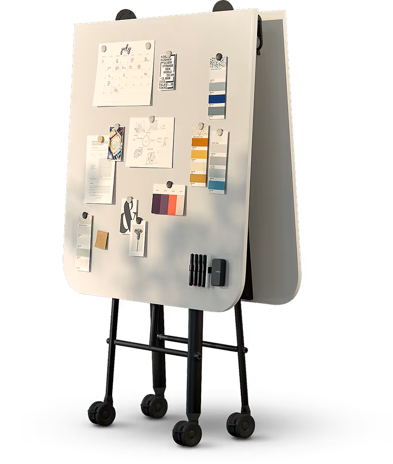 Double-sided whiteboard on wheels with papers, color swatches, markers, and a small eraser attached.