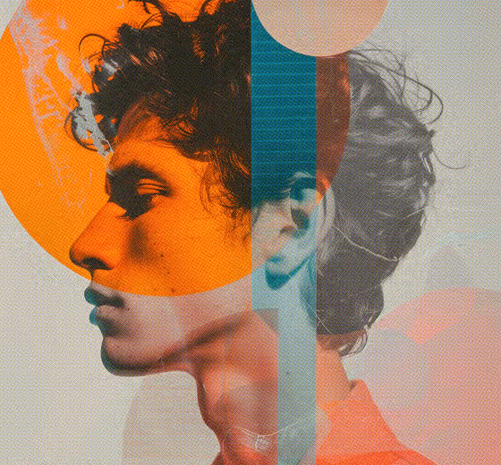 Artistic double exposure profile of a young man with colorful geometric overlays in orange, teal, and pink.